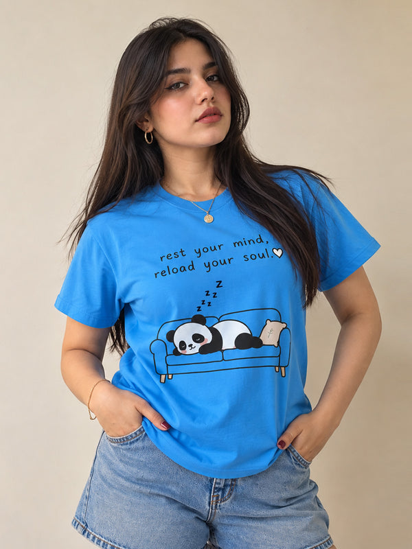 Sleeping Panda Steel Blue Regular Fit Printed T-Shirt for Women