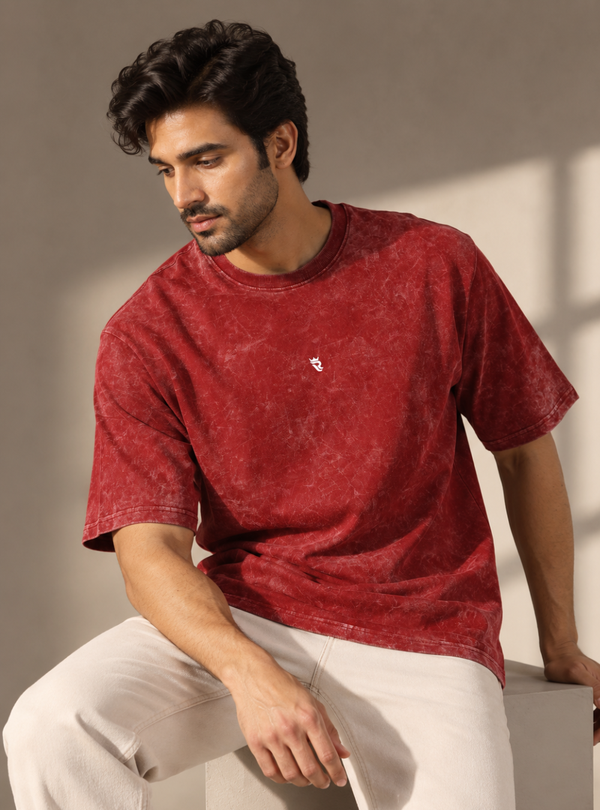 Crimson Red Acid Wash Oversized T-Shirt for Men