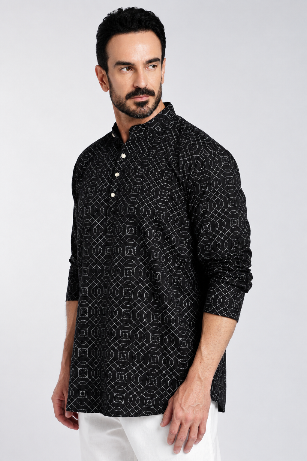 Black Geometric Printed Mandarin Collar Kurta