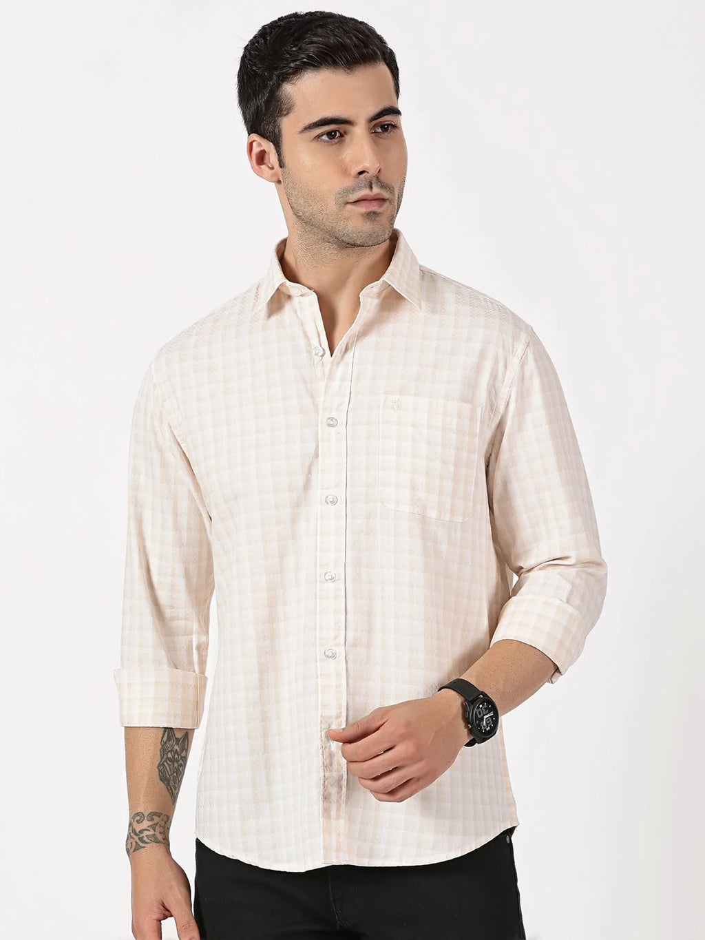 Beige & White Dobby Cotton Shirt