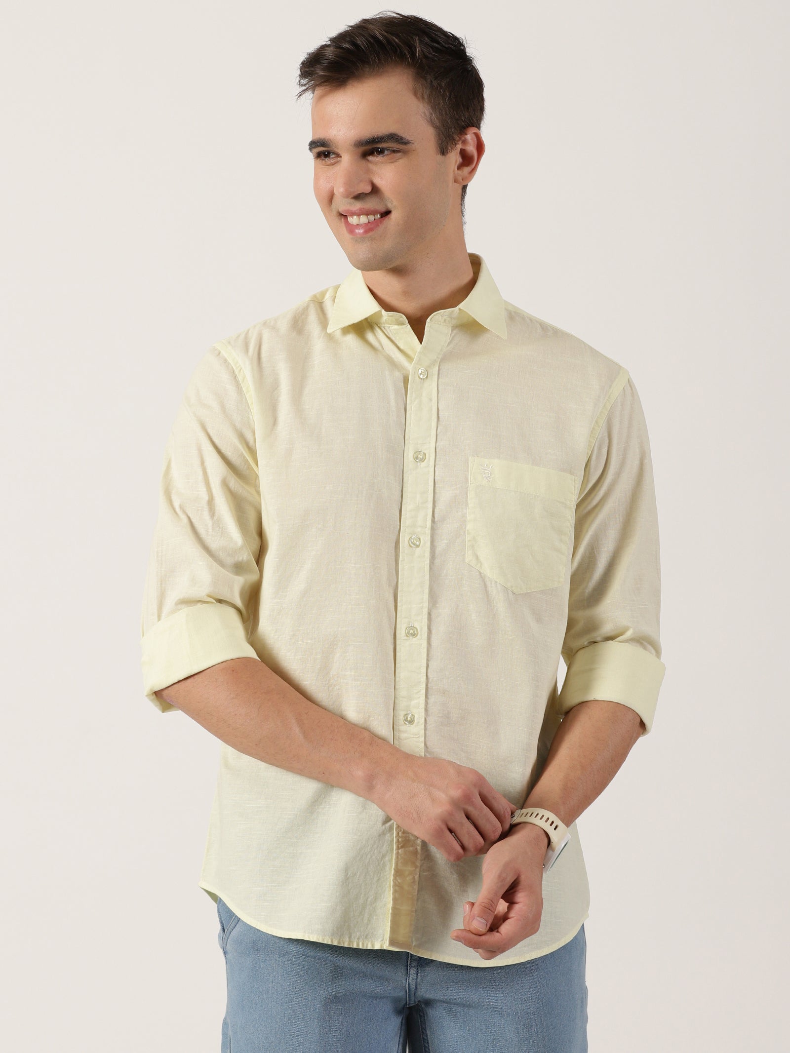 Classic Pastel Yellow Slim-Fit Cotton Shirt for Men