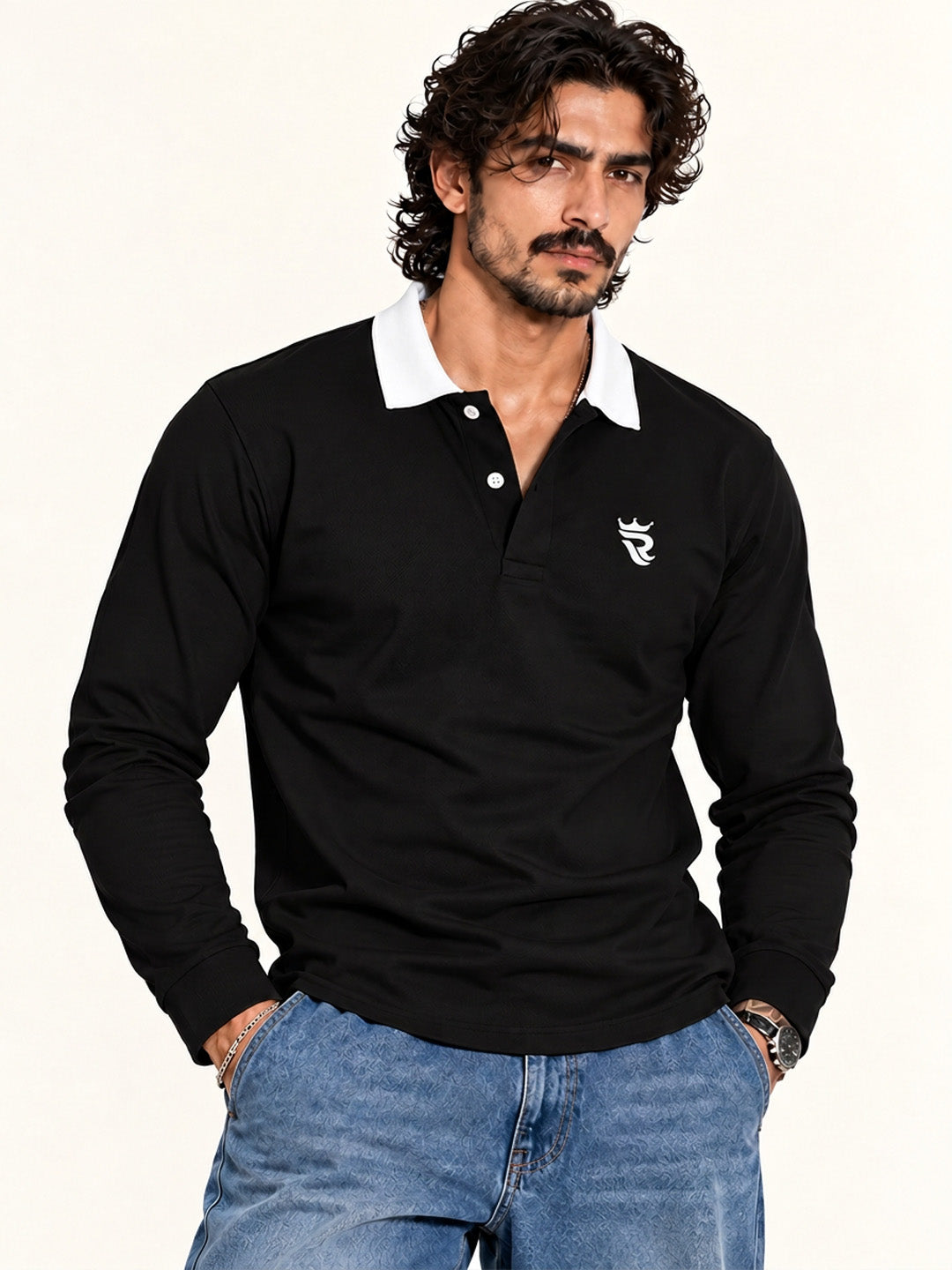Royal Black  Contrast Collar Full Sleeve Polo T Shirt