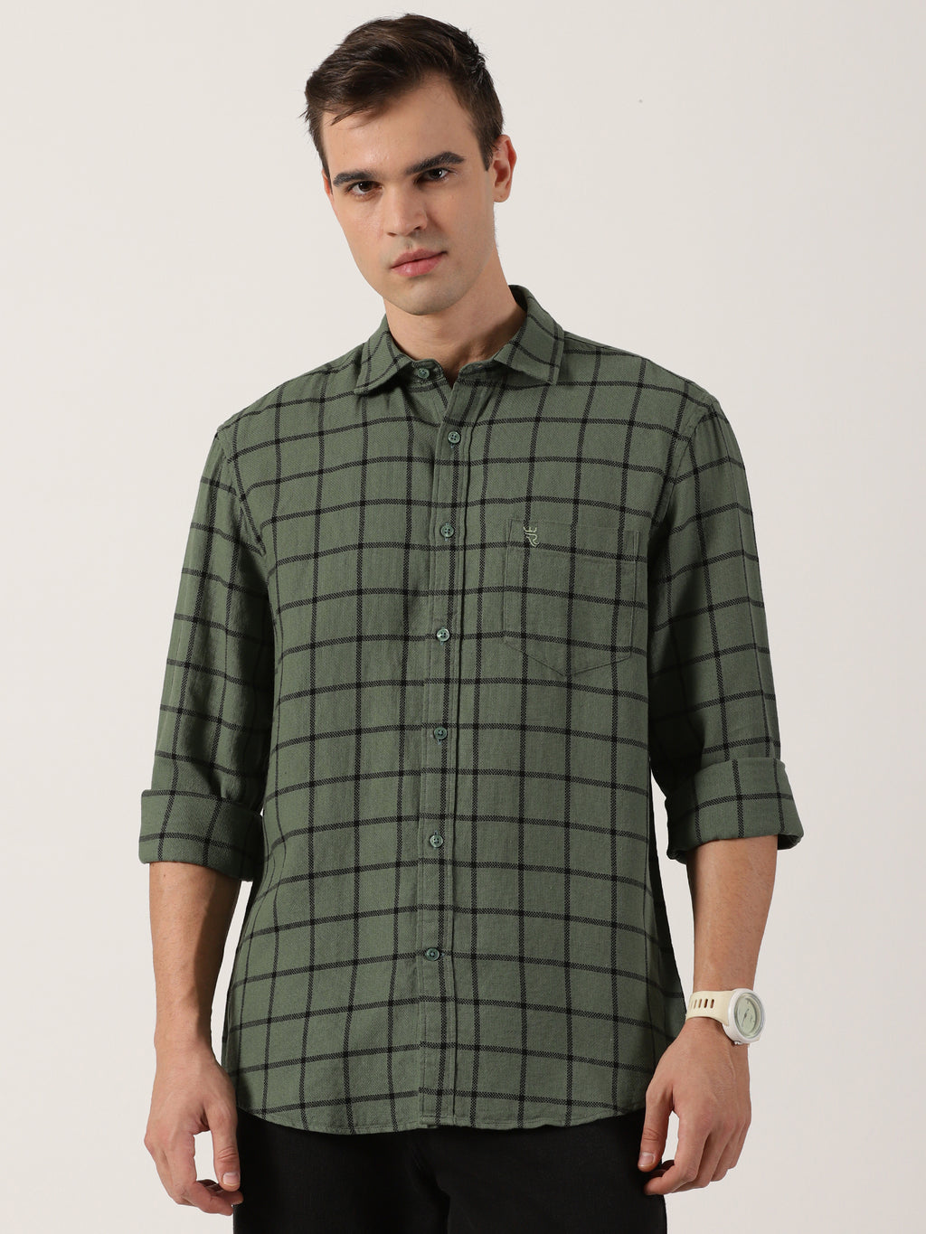 Olive Green Windowpane Check Cotton Shirt