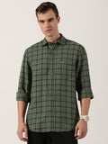 Olive Green Windowpane Check Cotton Shirt