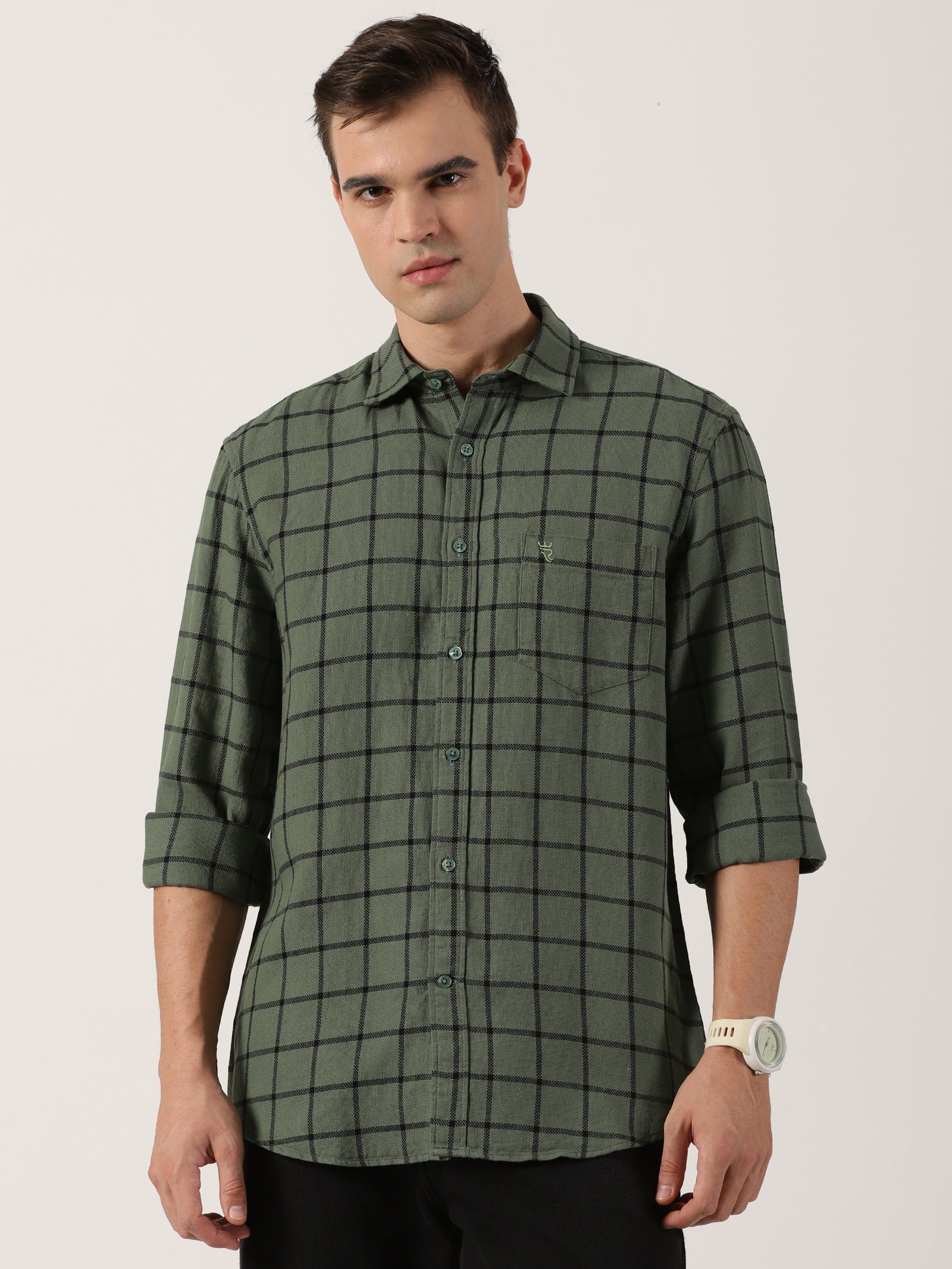 Olive Green Windowpane Check Cotton Shirt