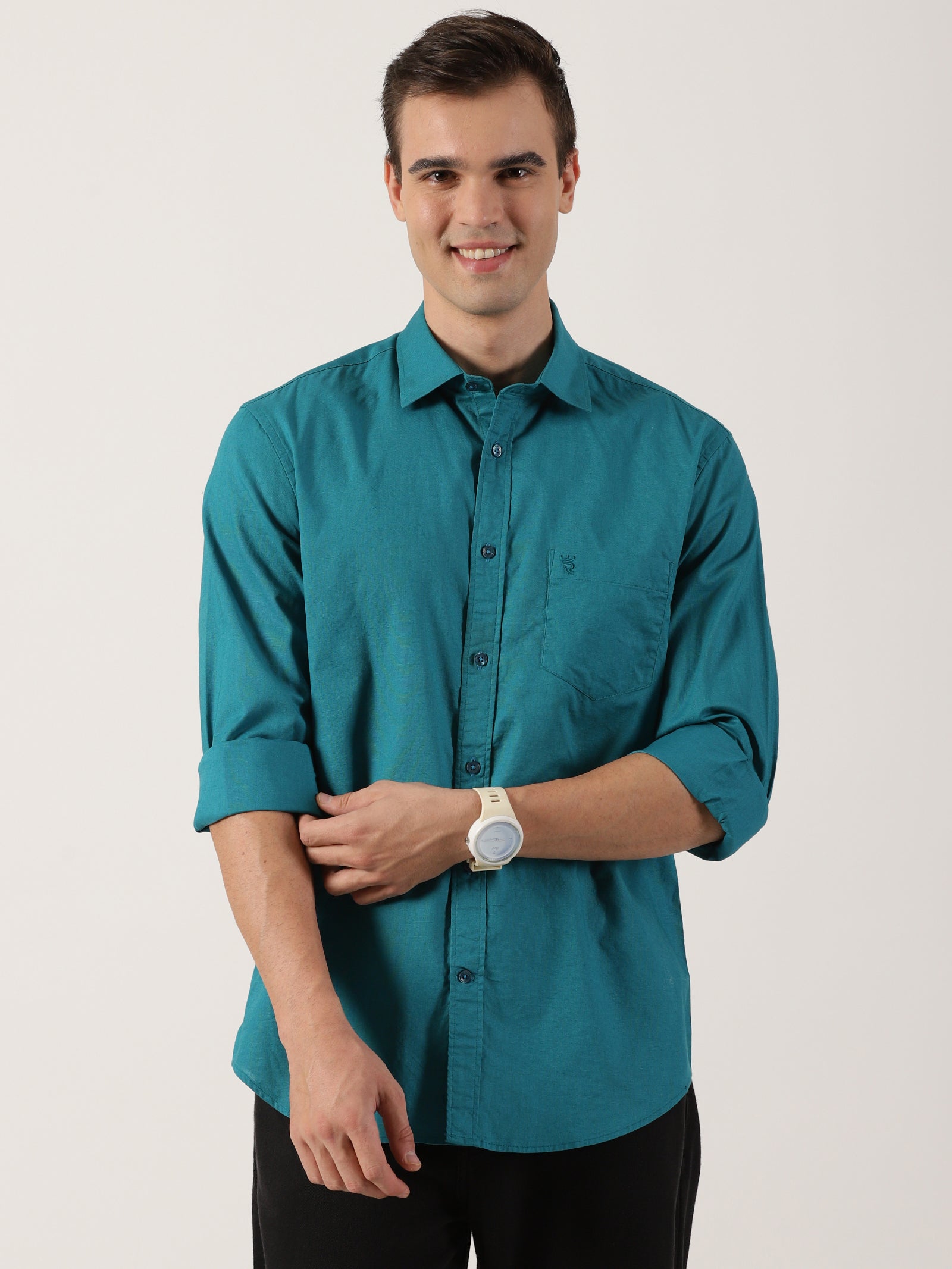 Classic Teal Green Slim-Fit Cotton Shirt for Men