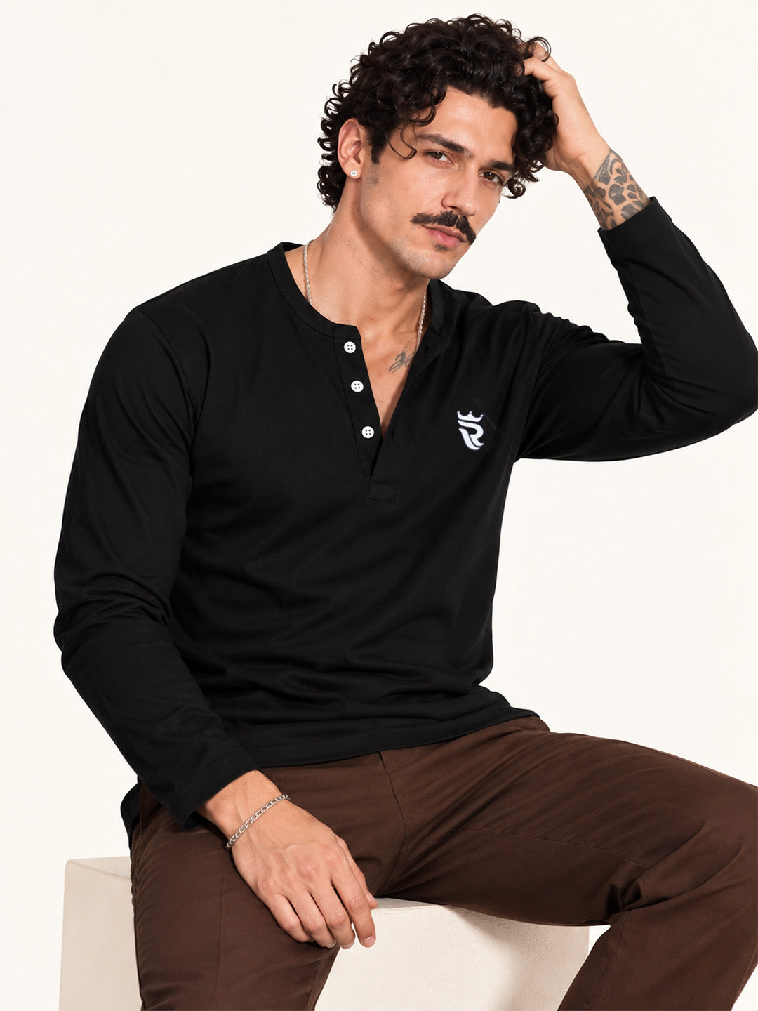 Royal Black Henley Full Sleeve T Shirt