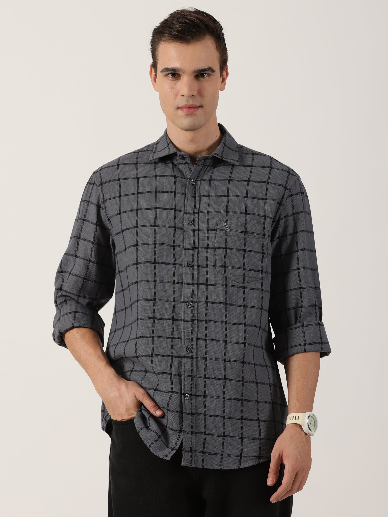 Charcoal Grey Windowpane Check Cotton Shirt