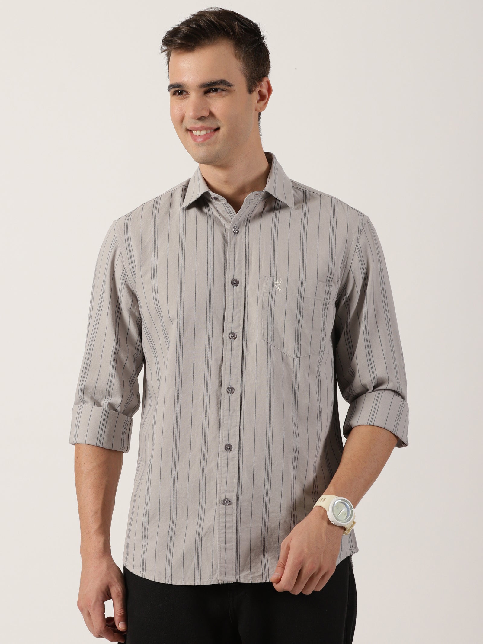 Men’s Premium Beige Vertical Striped Cotton Shirt