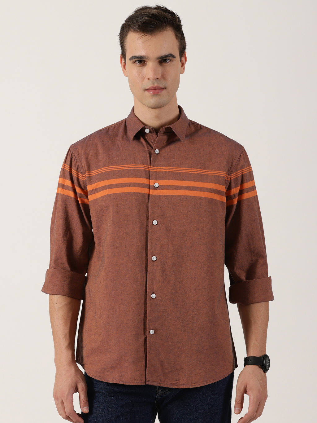 Men’s Premium Brown Horizontal Striped Cotton Shirt