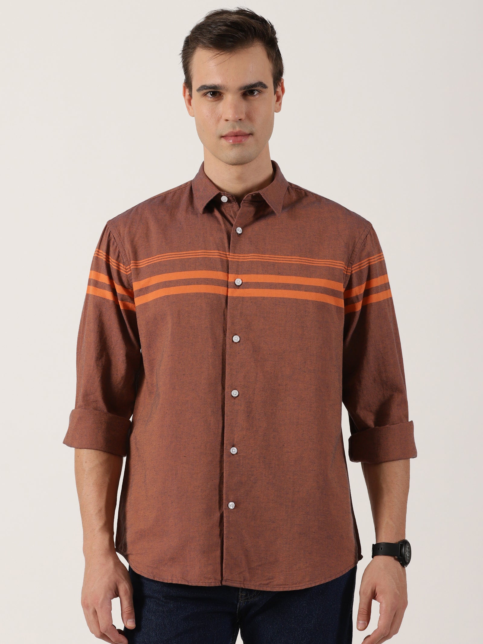 Men’s Premium Brown Horizontal Striped Cotton Shirt