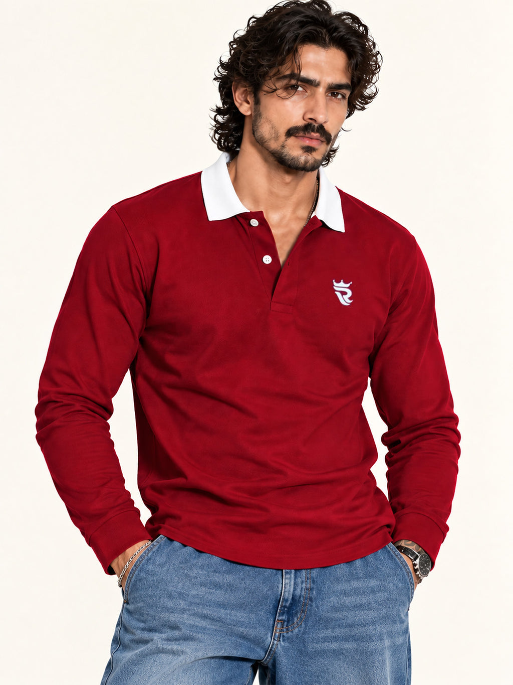 Royal Burgundy Contrast Collar Full Sleeve Polo T Shirt