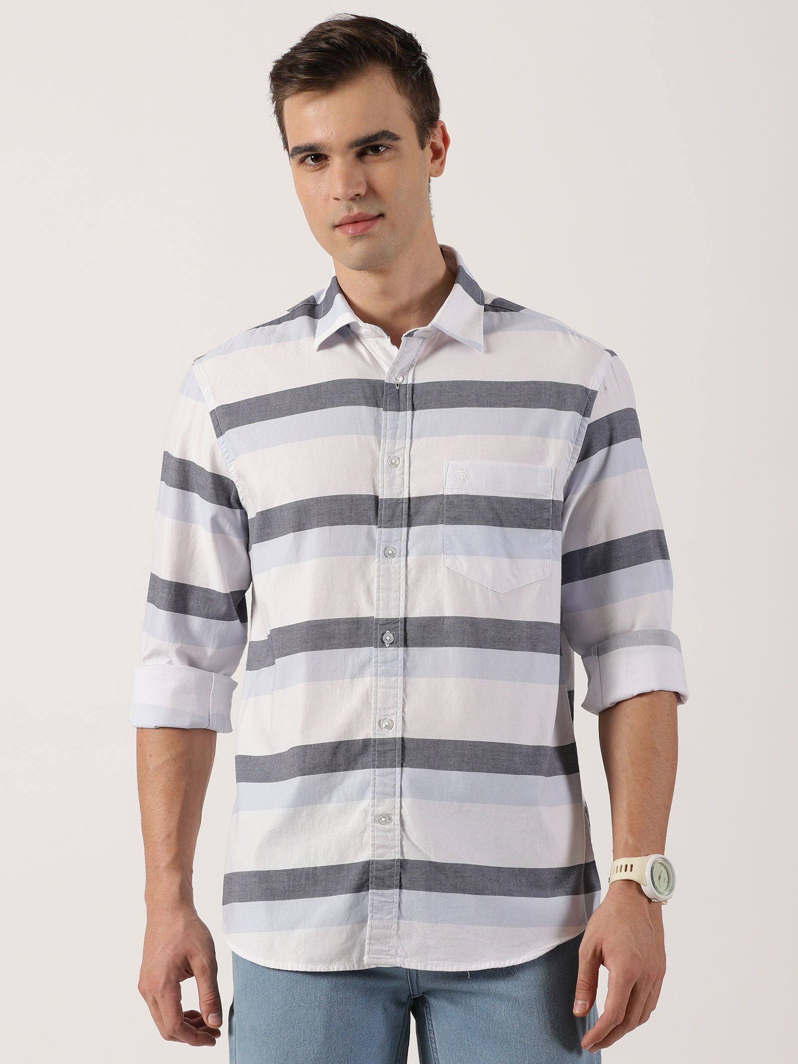 Men’s Premium White & Grey Horizontal Striped Cotton Shirt
