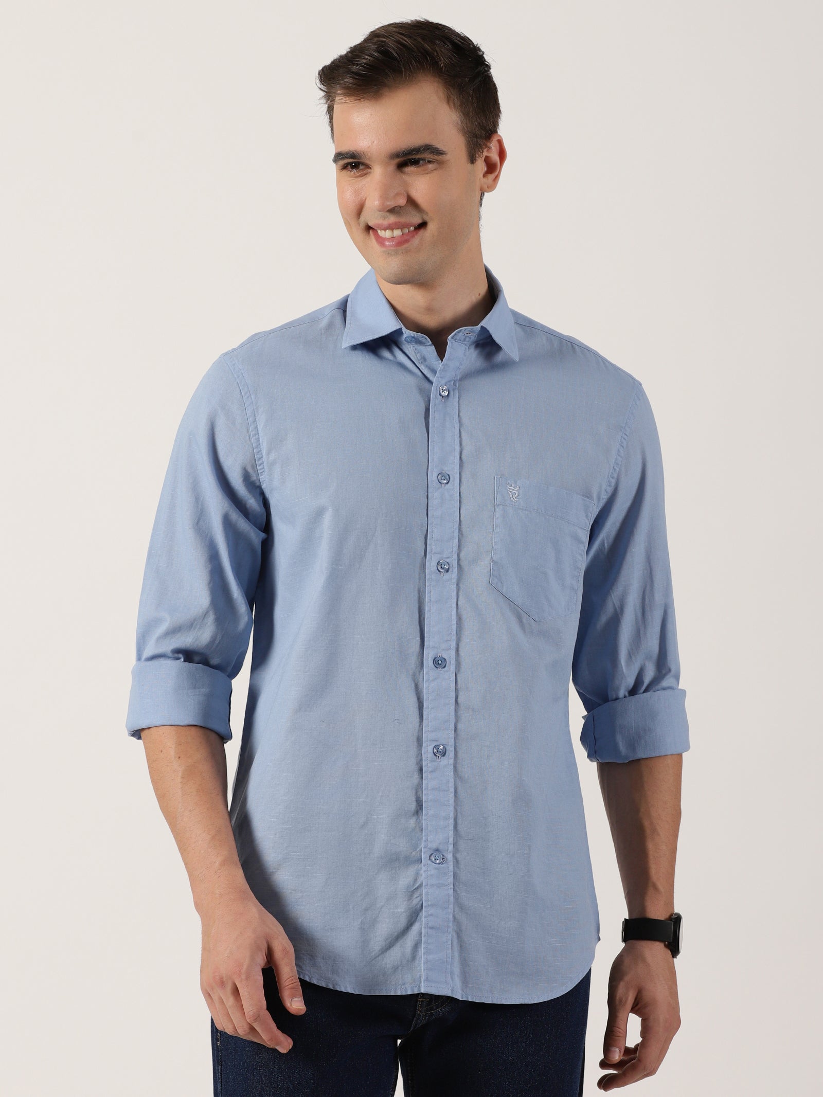 Classic Light Blue Slim-Fit Cotton Shirt for Men