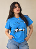 Sleeping Panda Steel Blue Regular Fit Printed T-Shirt for Women