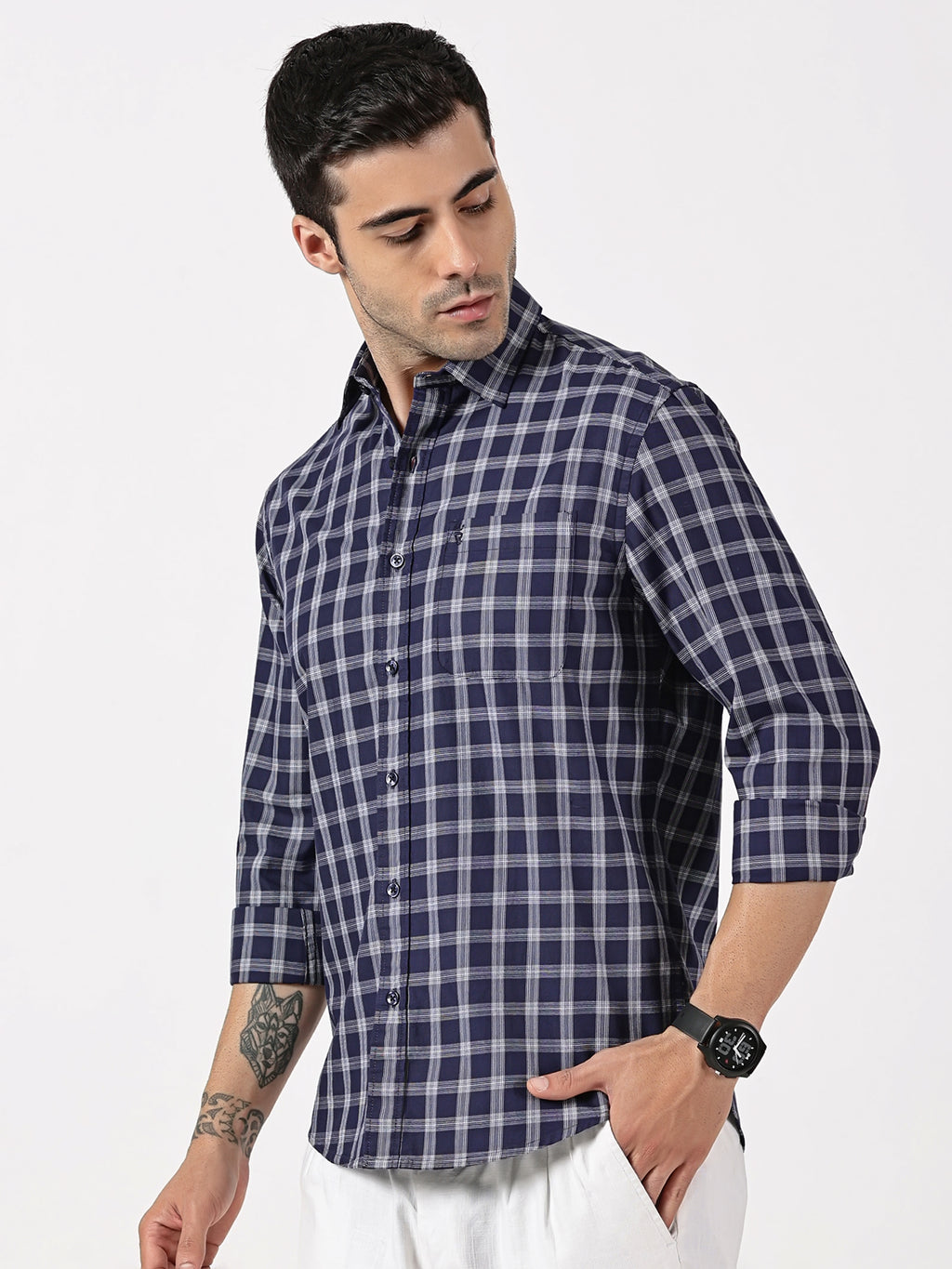 Extra Fine Navy & White Check Giza Twill Cotton Shirt