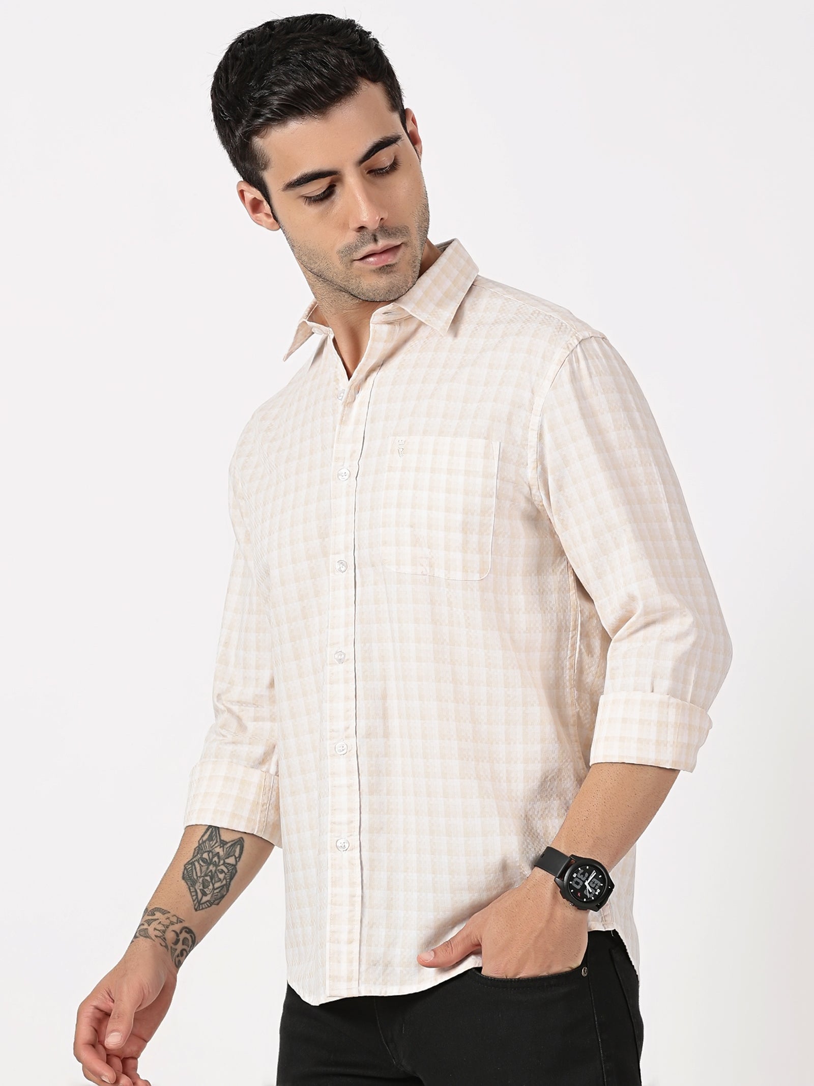 Beige & White Dobby Cotton Shirt