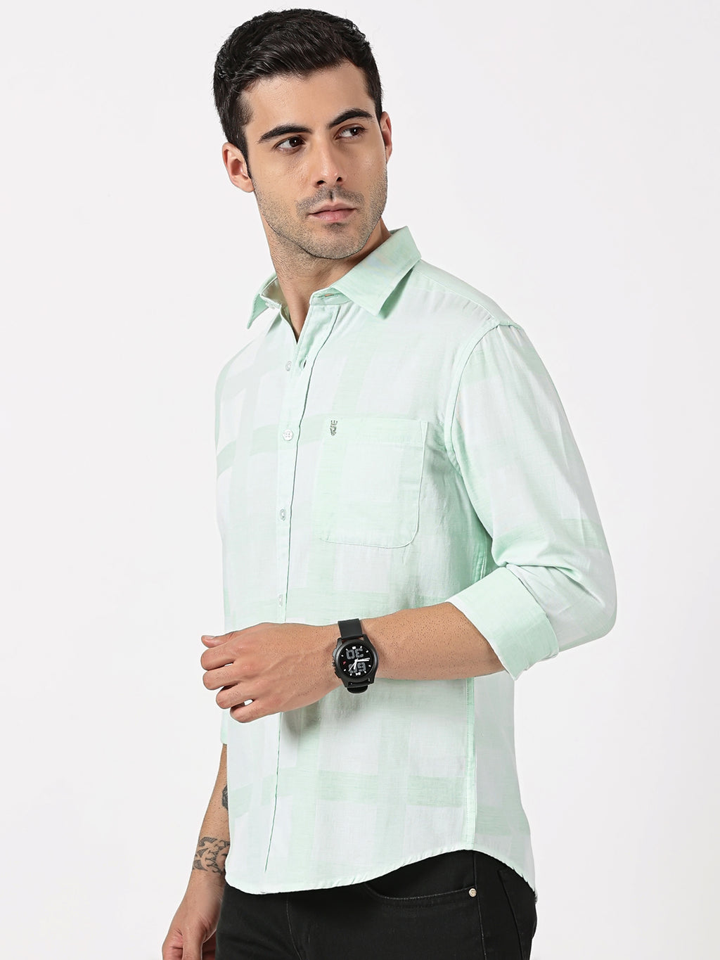Mint Green Mélange Cotton Shirt with Self Checks