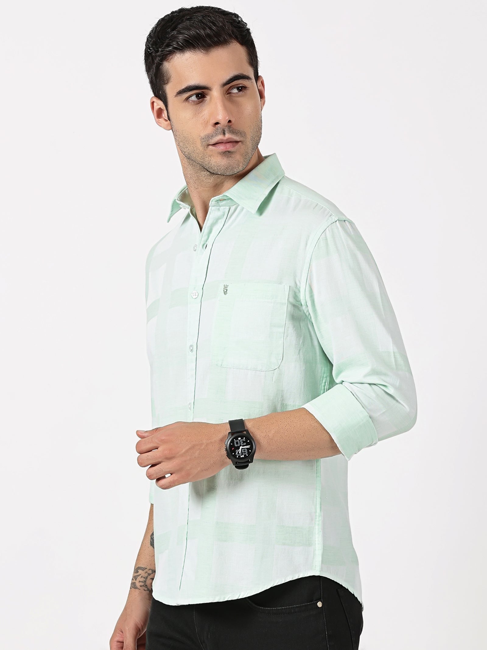 Mint Green Mélange Cotton Shirt with Self Checks
