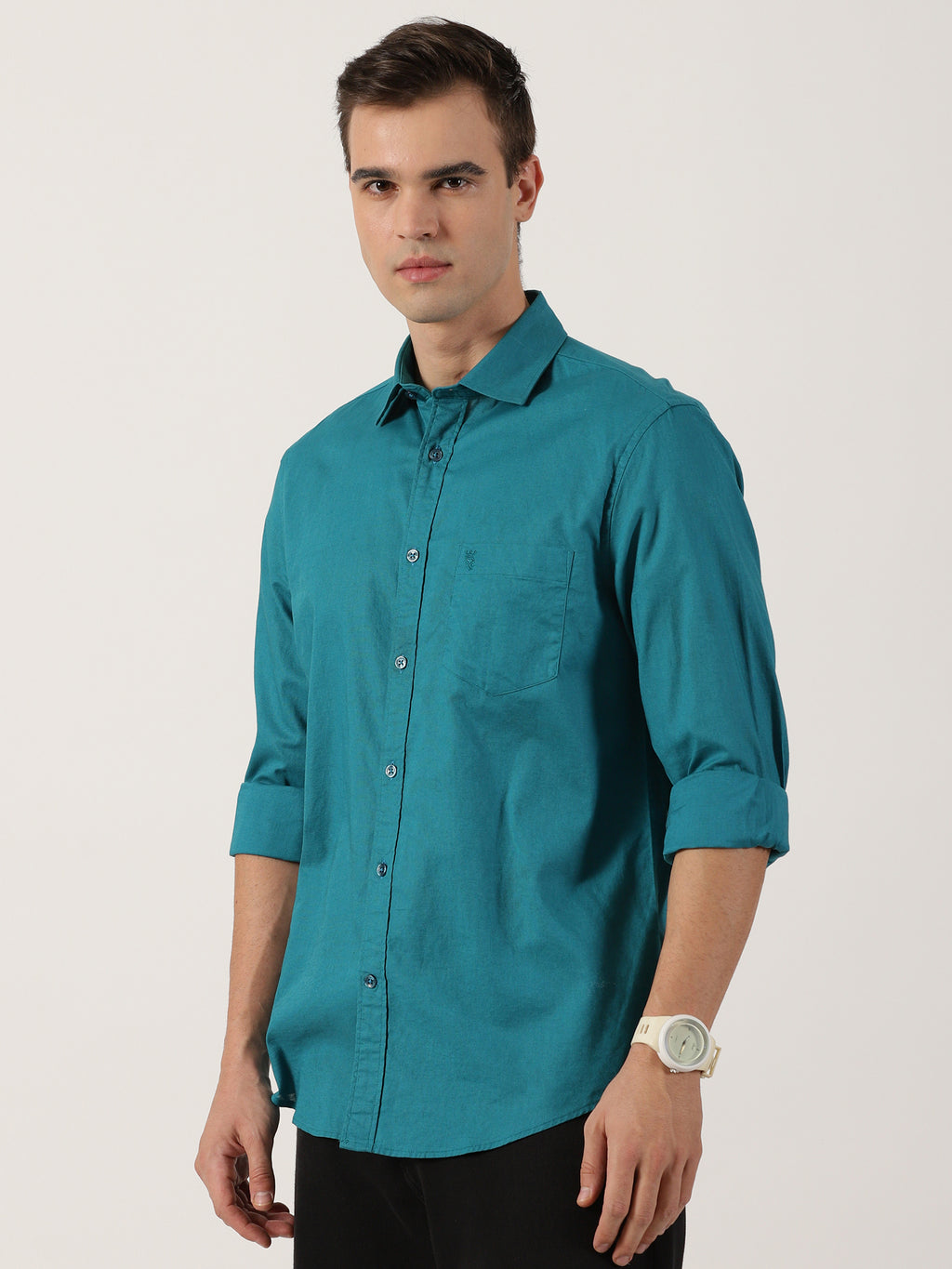 Classic Teal Green Slim-Fit Cotton Shirt for Men