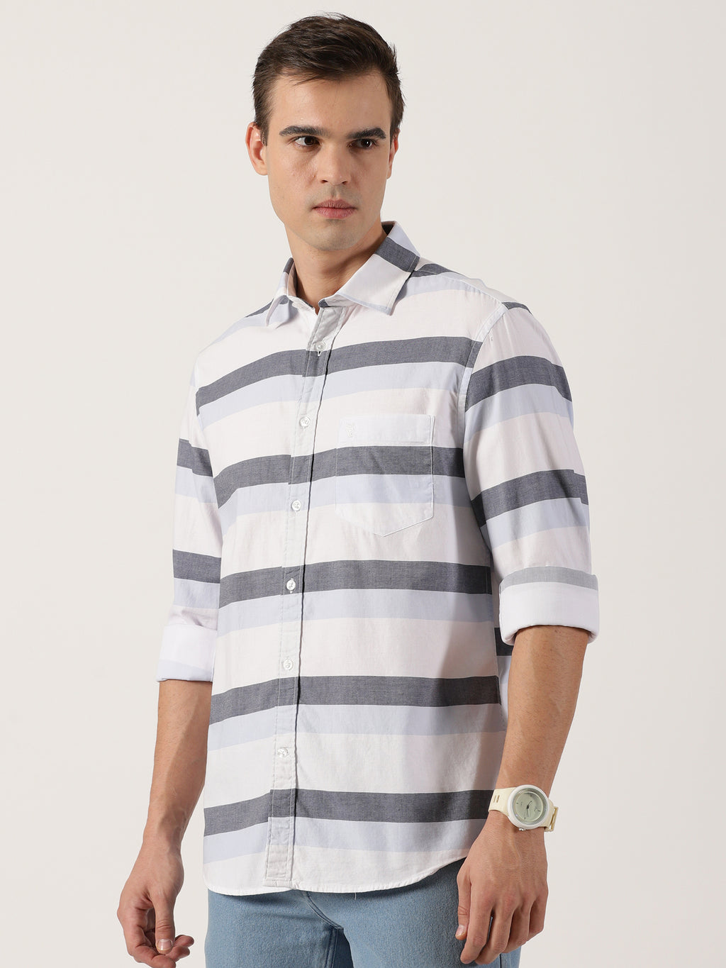Men’s Premium White & Grey Horizontal Striped Cotton Shirt