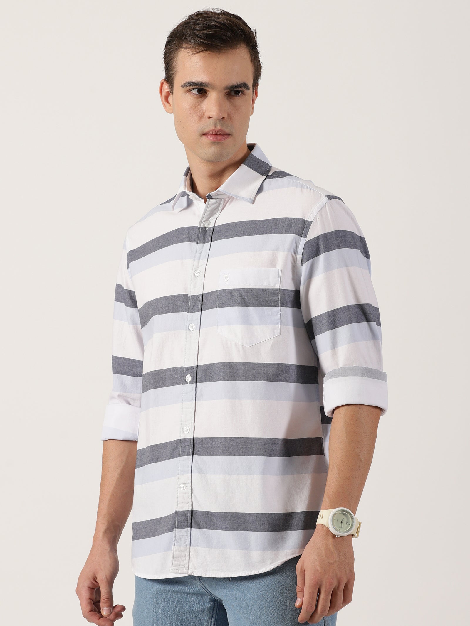 Men’s Premium White & Grey Horizontal Striped Cotton Shirt