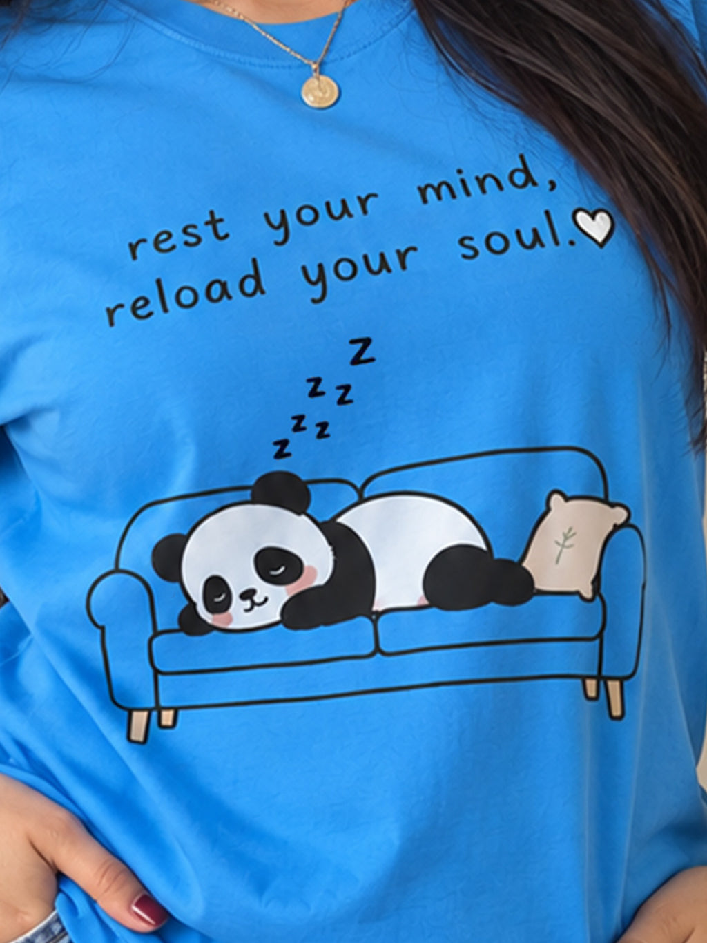 Sleeping Panda Steel Blue Regular Fit Printed T-Shirt for Women