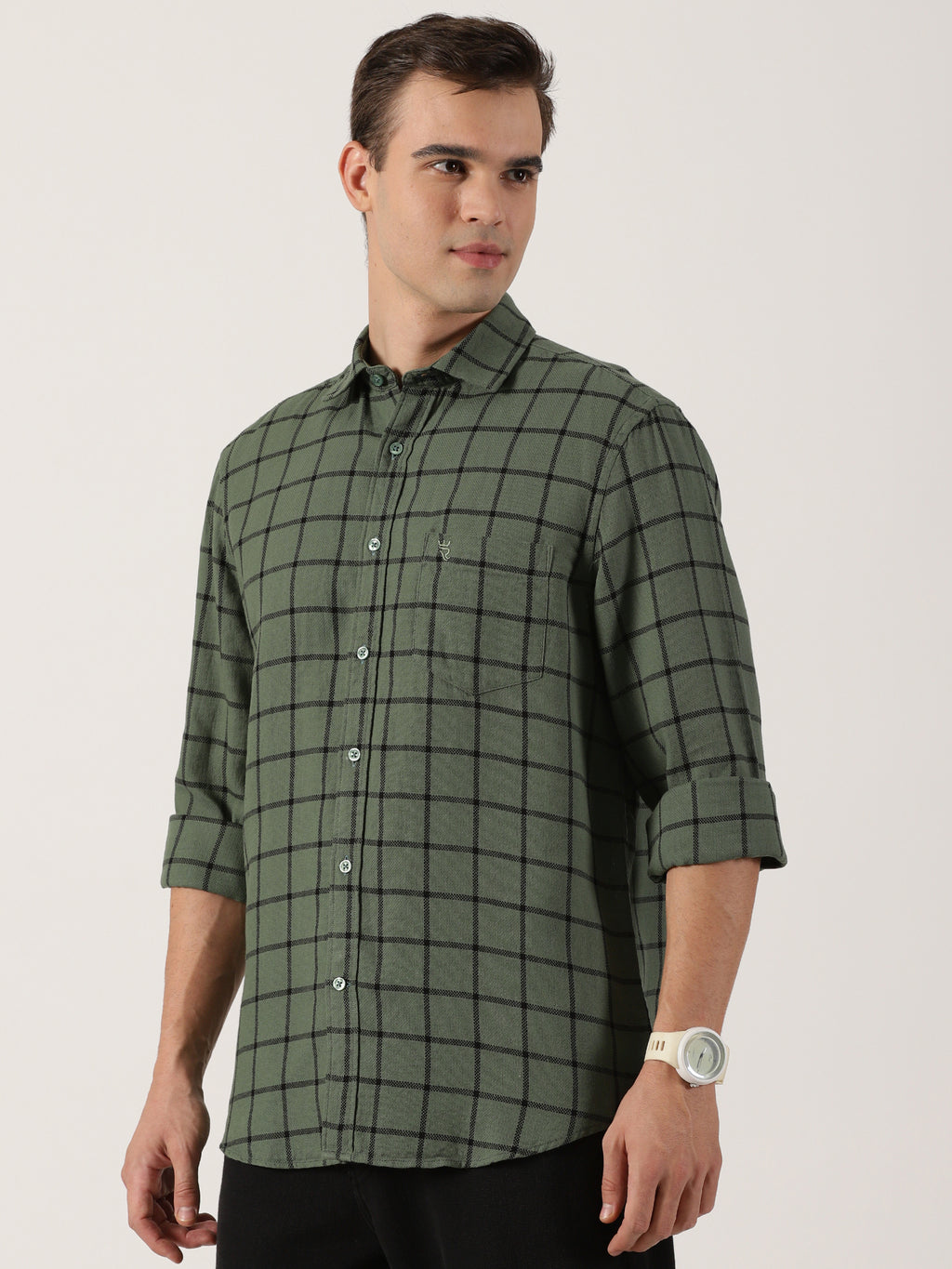 Olive Green Windowpane Check Cotton Shirt