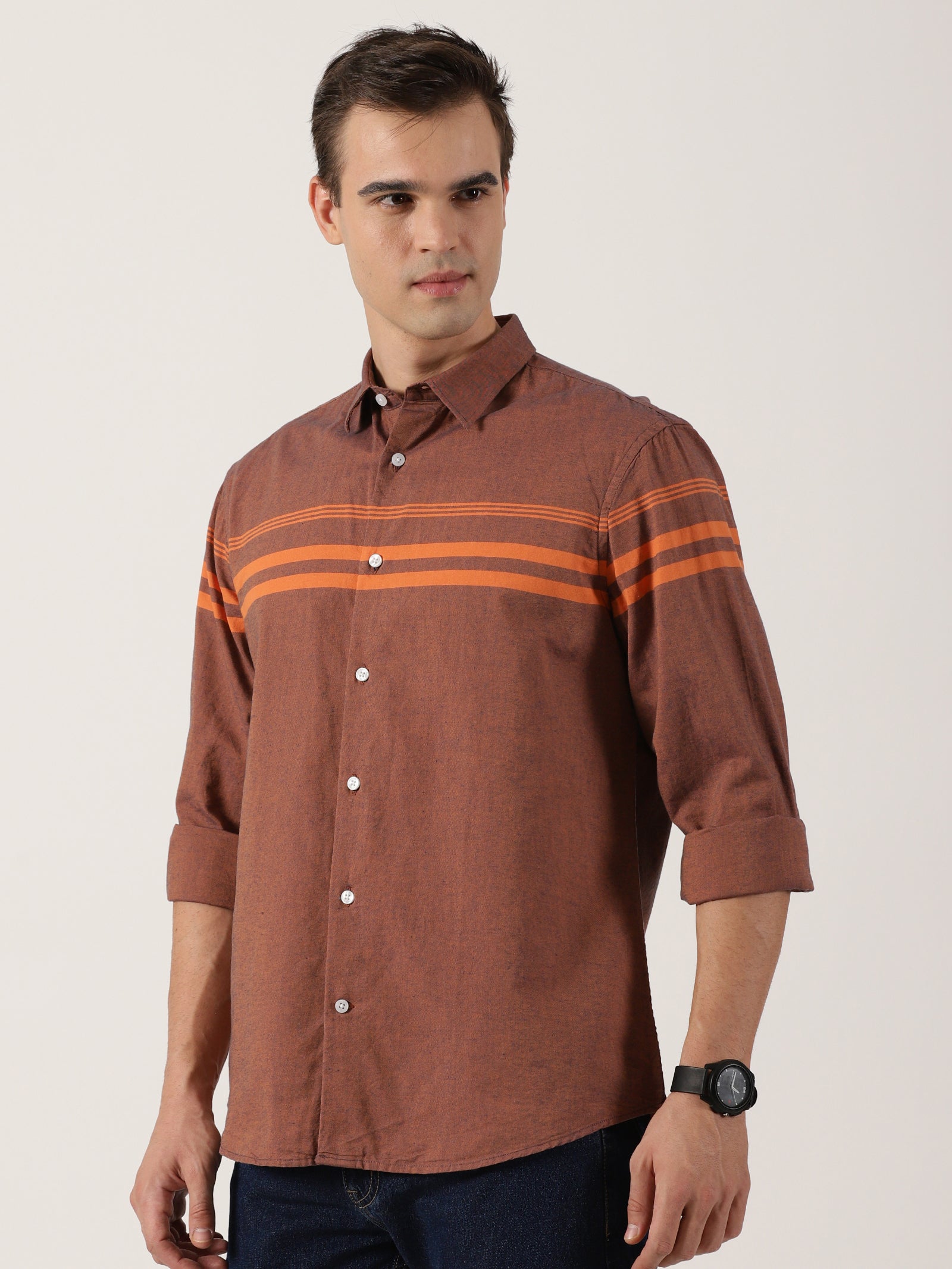 Men’s Premium Brown Horizontal Striped Cotton Shirt