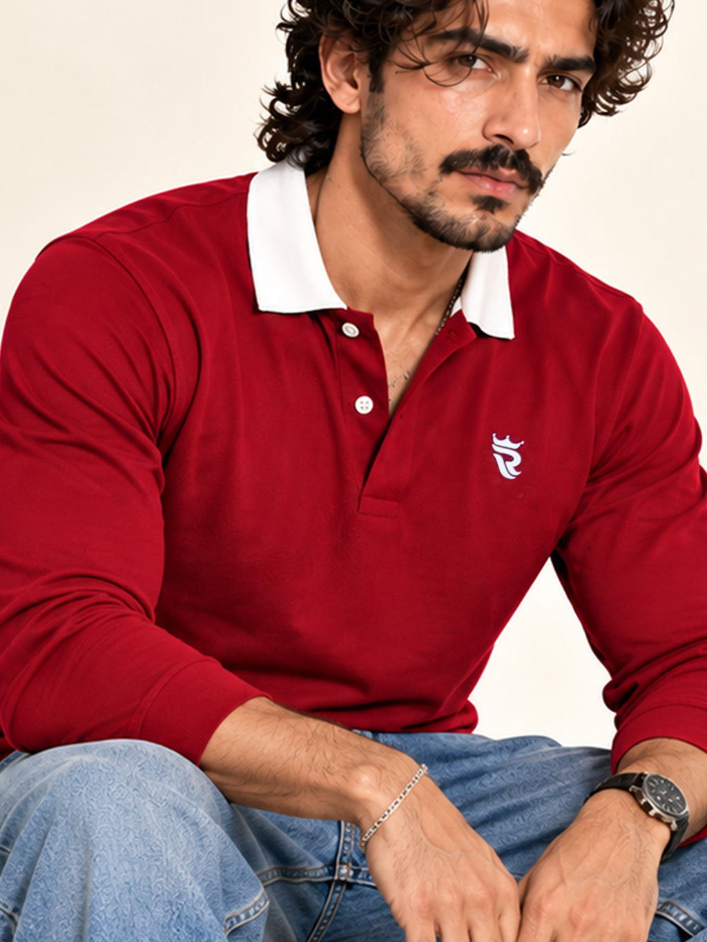 Royal Burgundy Contrast Collar Full Sleeve Polo T Shirt