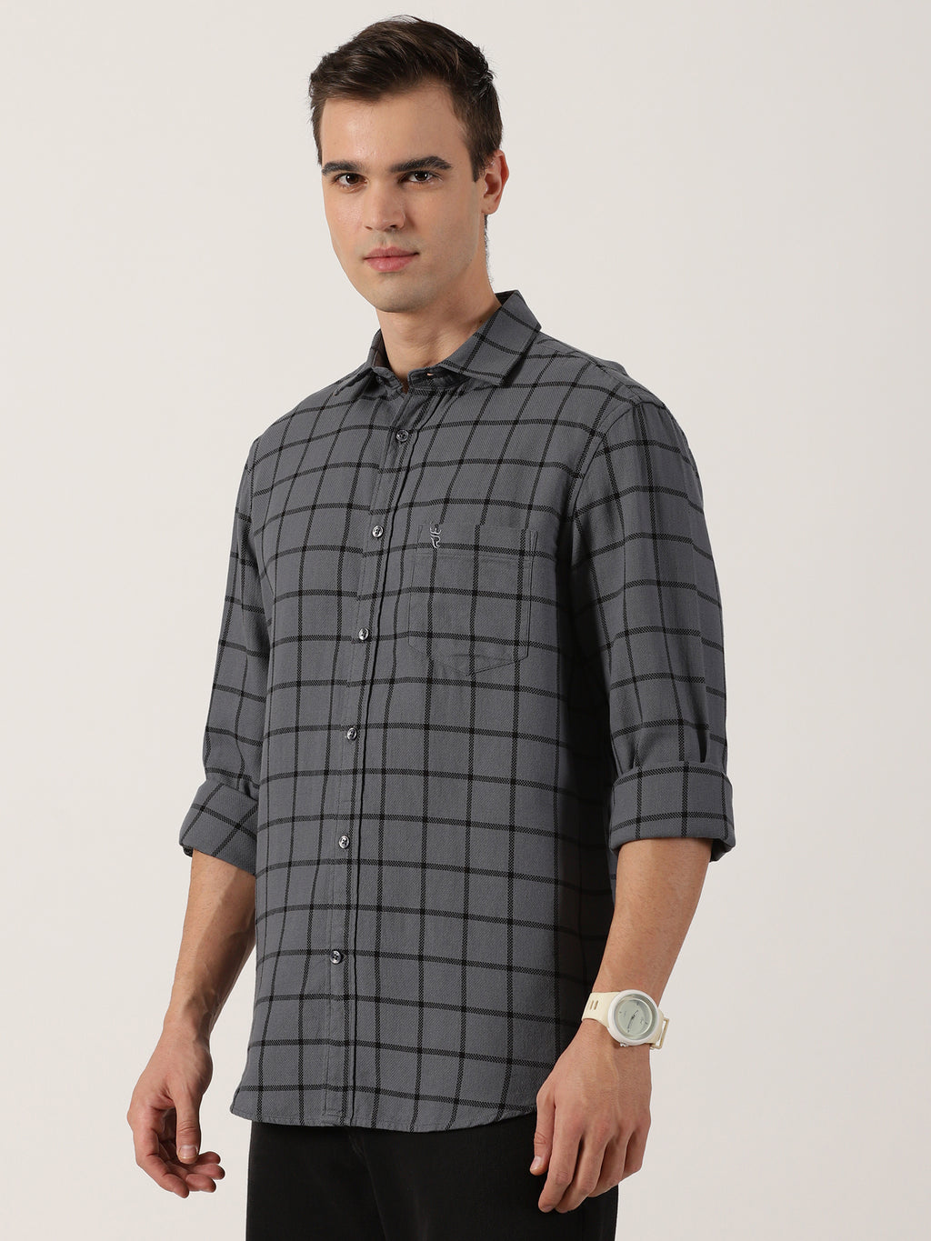 Charcoal Grey Windowpane Check Cotton Shirt