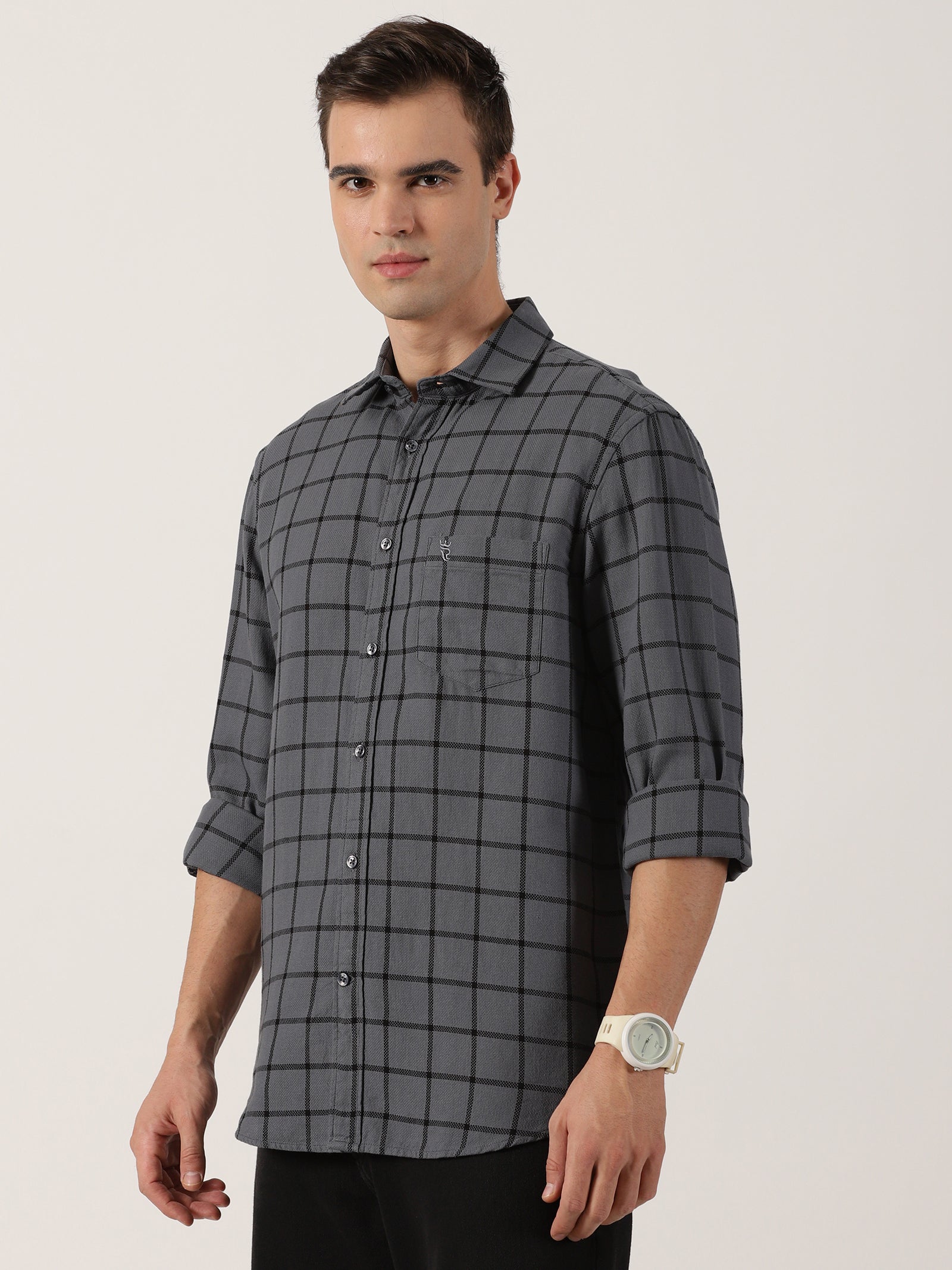 Charcoal Grey Windowpane Check Cotton Shirt