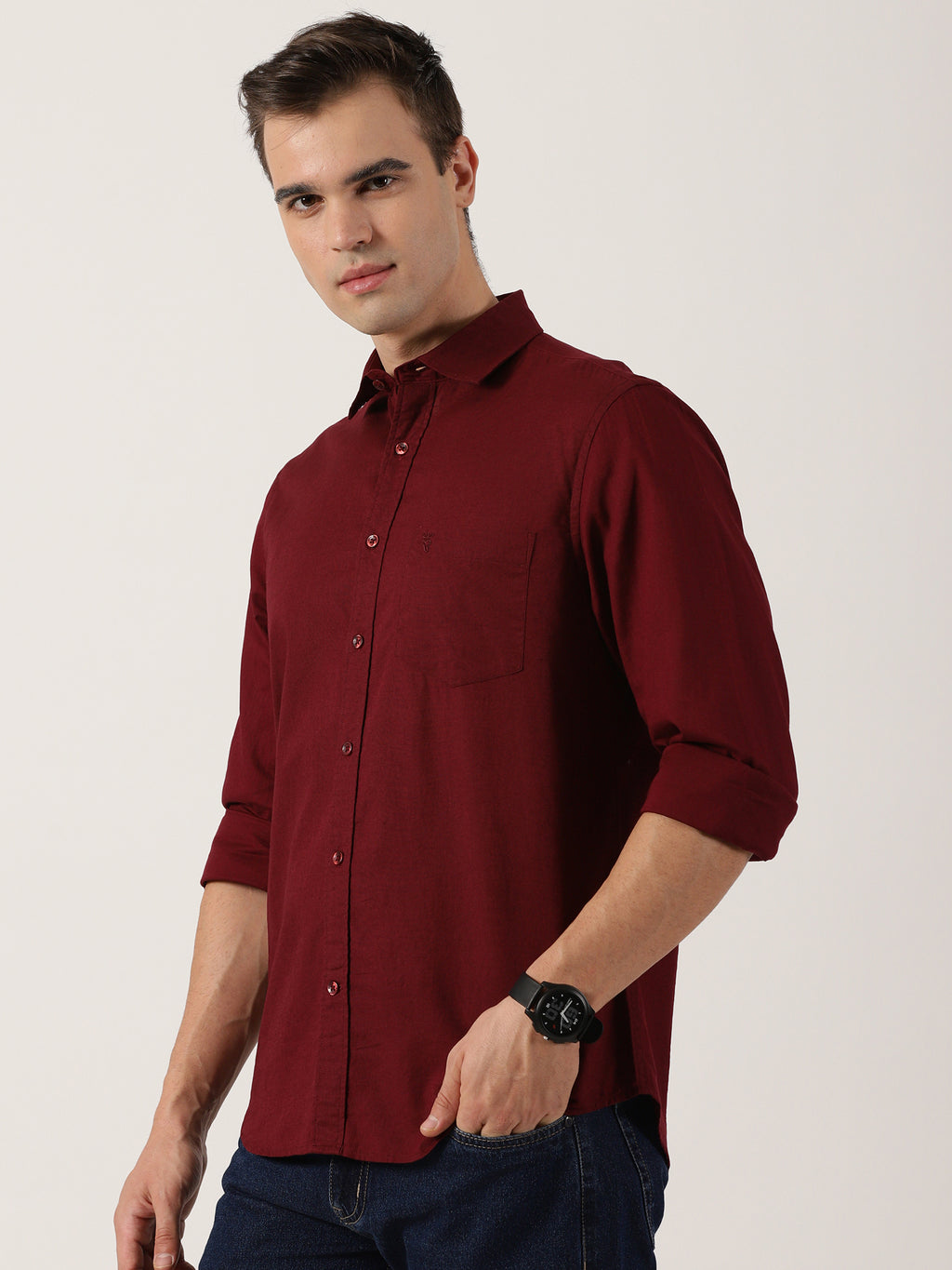 Classic Maroon Slim-Fit Cotton Shirt for Men