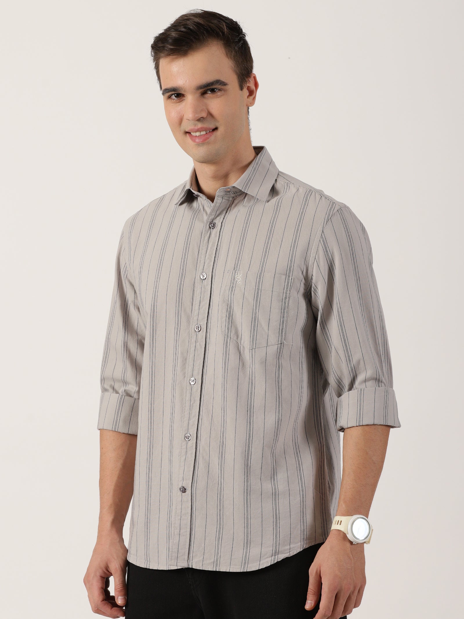 Men’s Premium Beige Vertical Striped Cotton Shirt