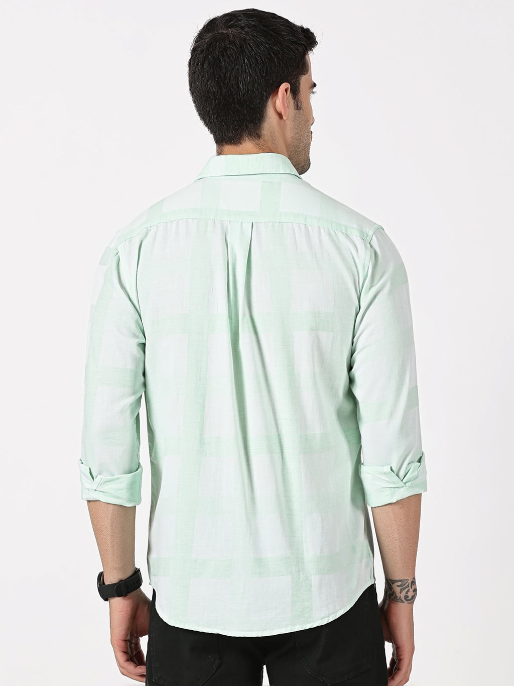 Mint Green Mélange Cotton Shirt with Self Checks