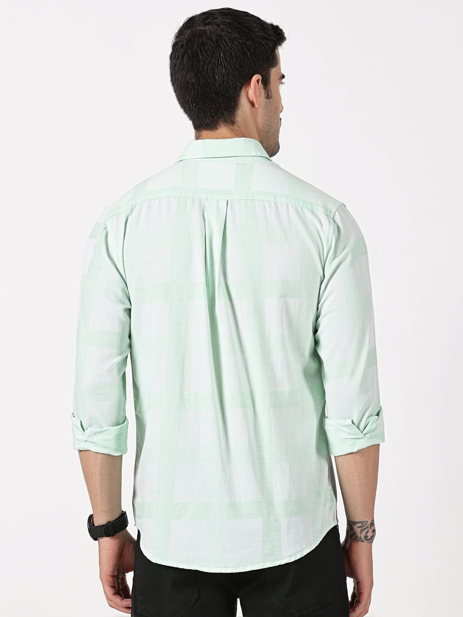 Mint Green Mélange Cotton Shirt with Self Checks