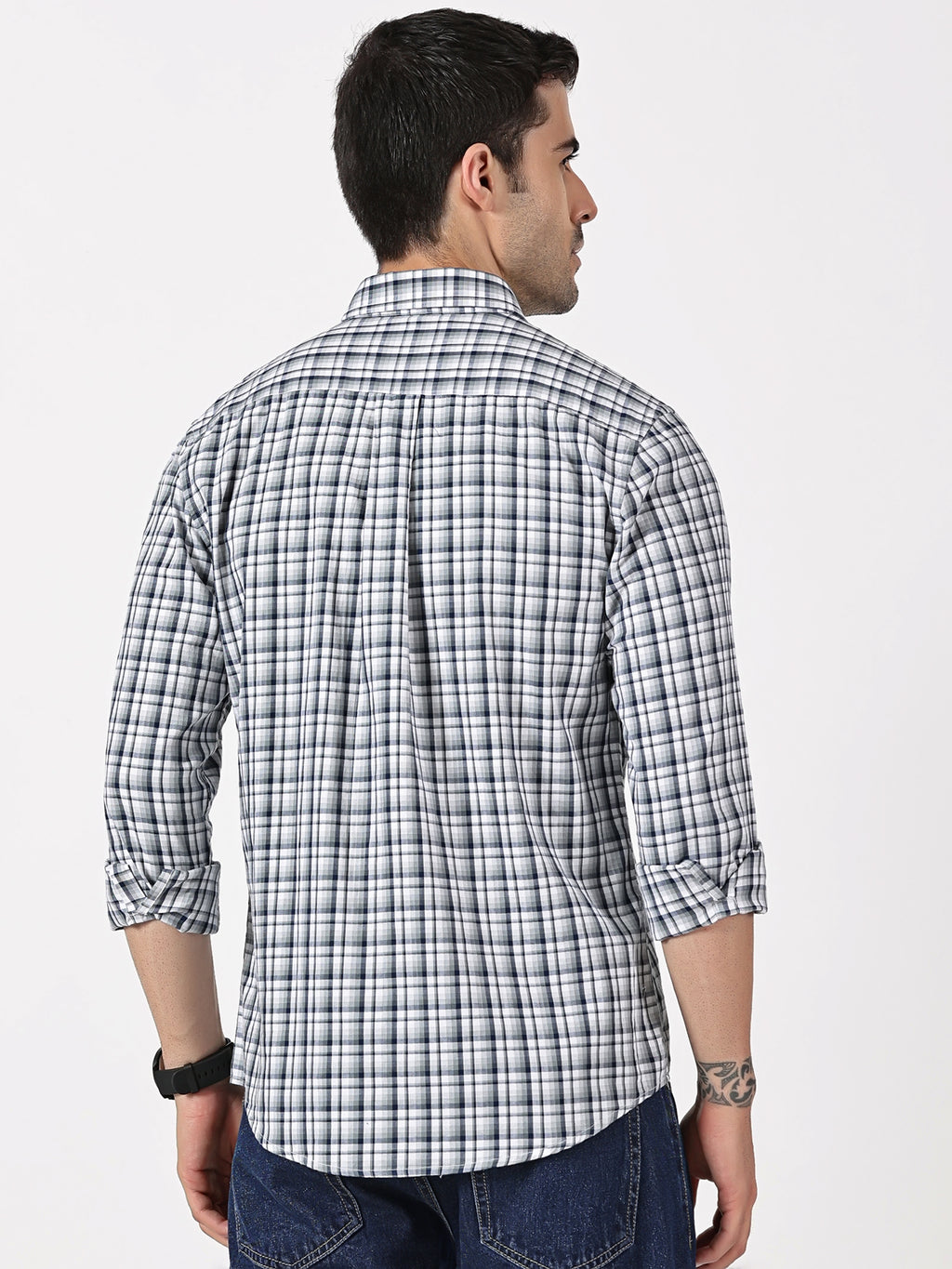 Navy, Grey & White Check Giza Twill Cotton Shirt