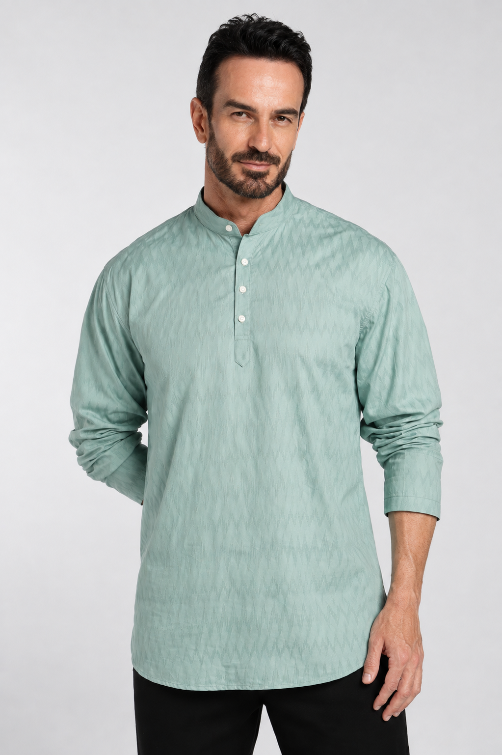 Mint Blue Textured Mandarin Collar Short Kurta