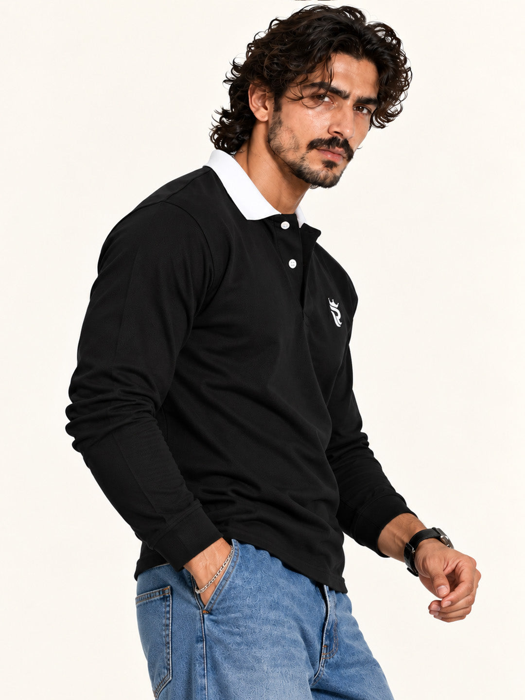 Royal Black  Contrast Collar Full Sleeve Polo T Shirt