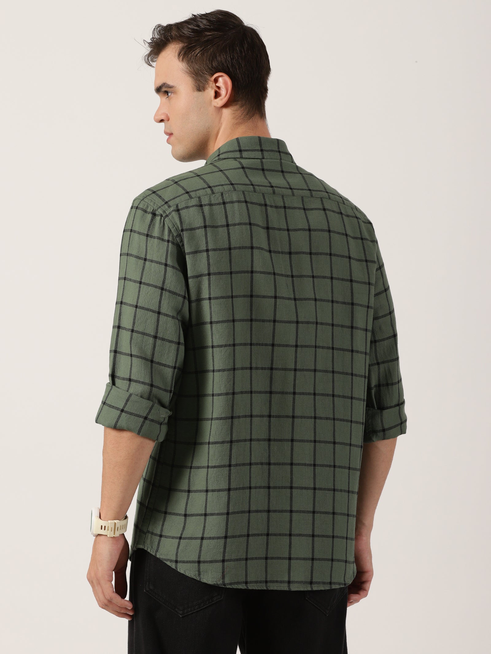 Olive Green Windowpane Check Cotton Shirt