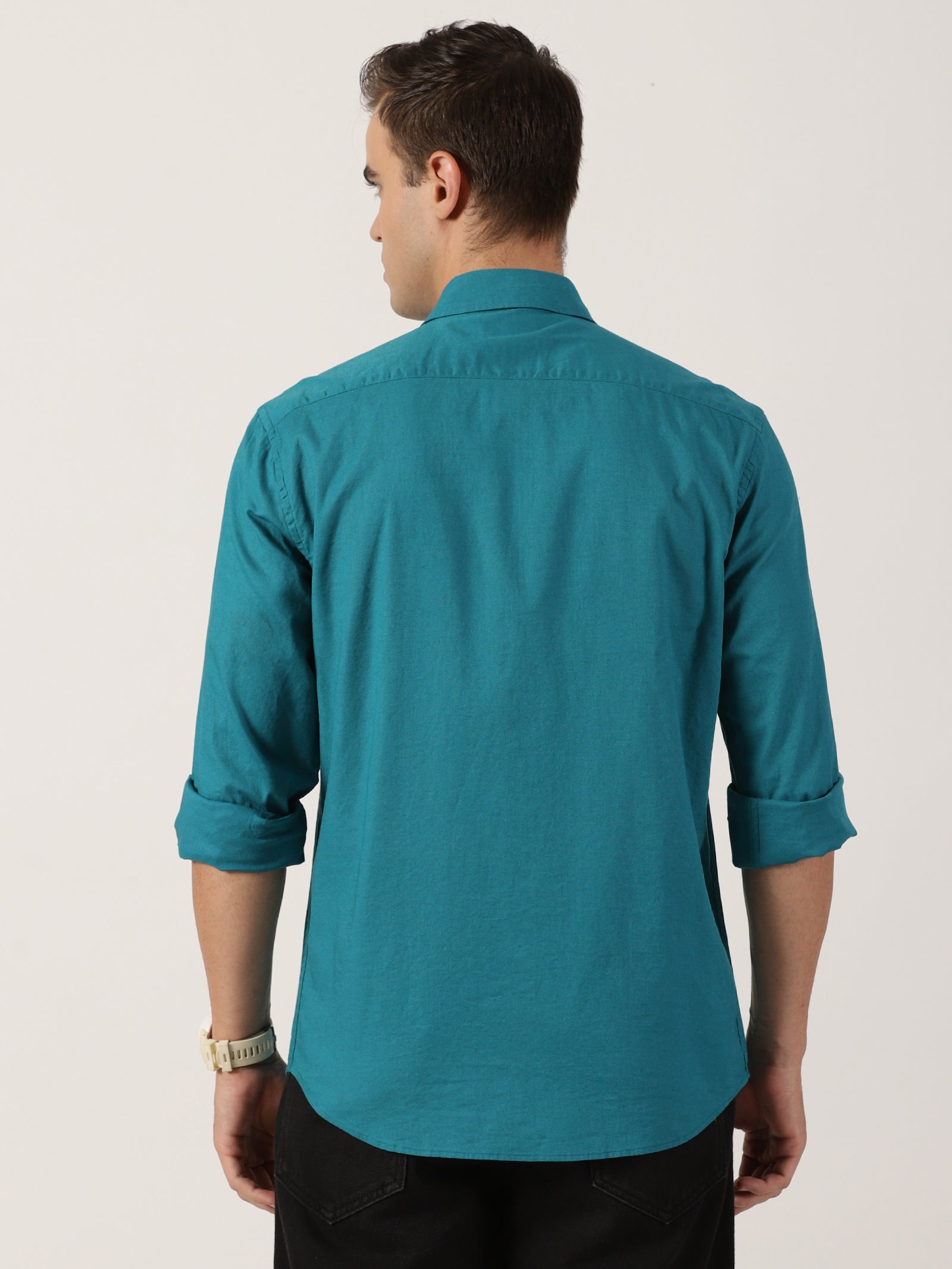 Classic Teal Green Slim-Fit Cotton Shirt for Men