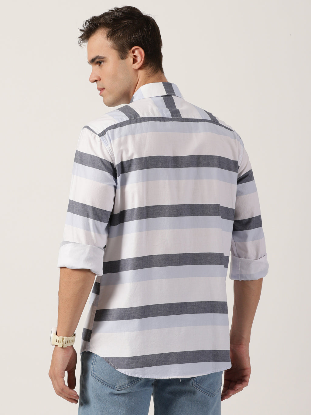 Men’s Premium White & Grey Horizontal Striped Cotton Shirt