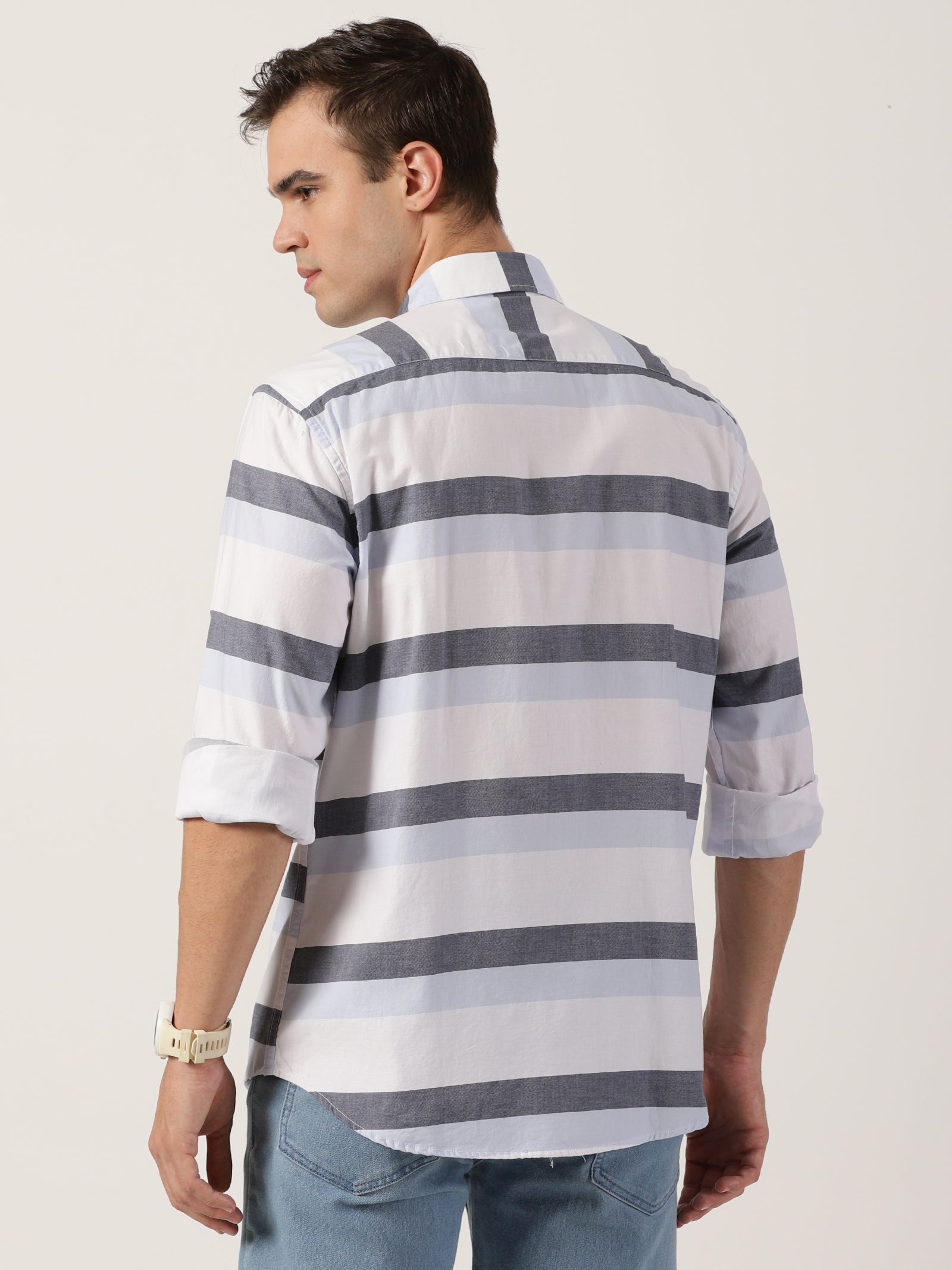 Men’s Premium White & Grey Horizontal Striped Cotton Shirt