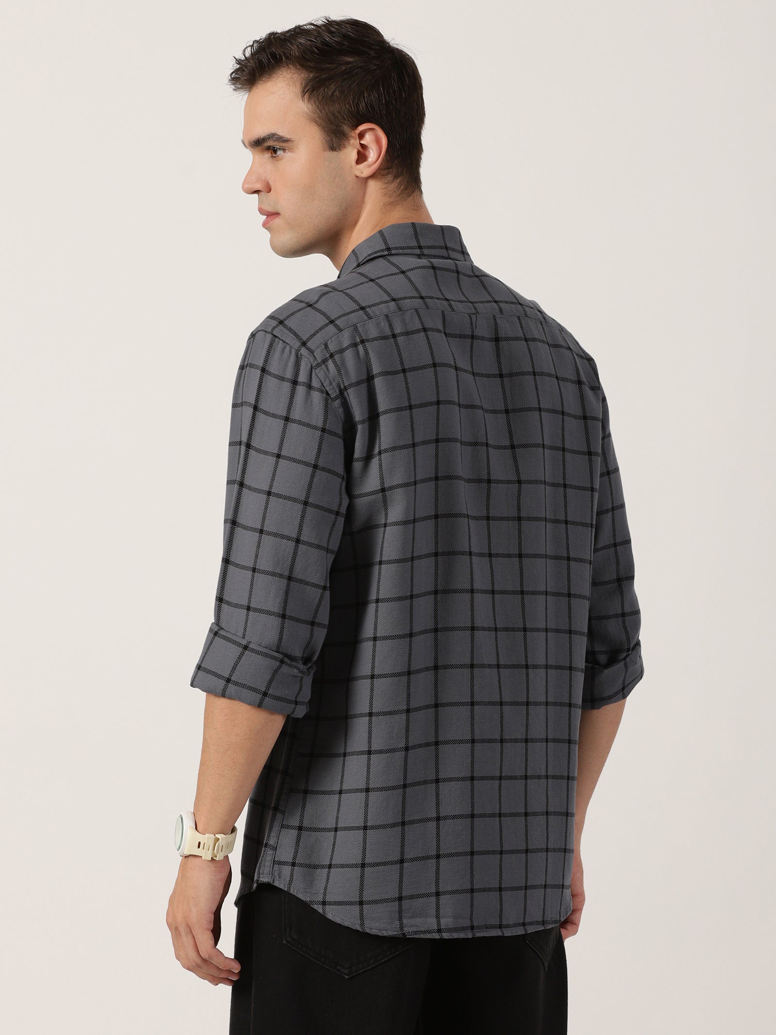 Charcoal Grey Windowpane Check Cotton Shirt