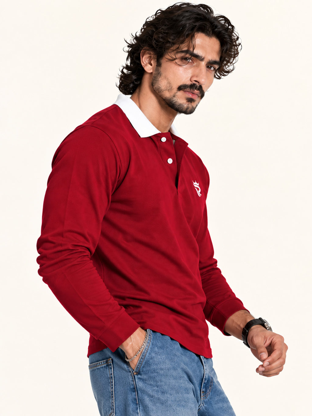Royal Burgundy Contrast Collar Full Sleeve Polo T Shirt