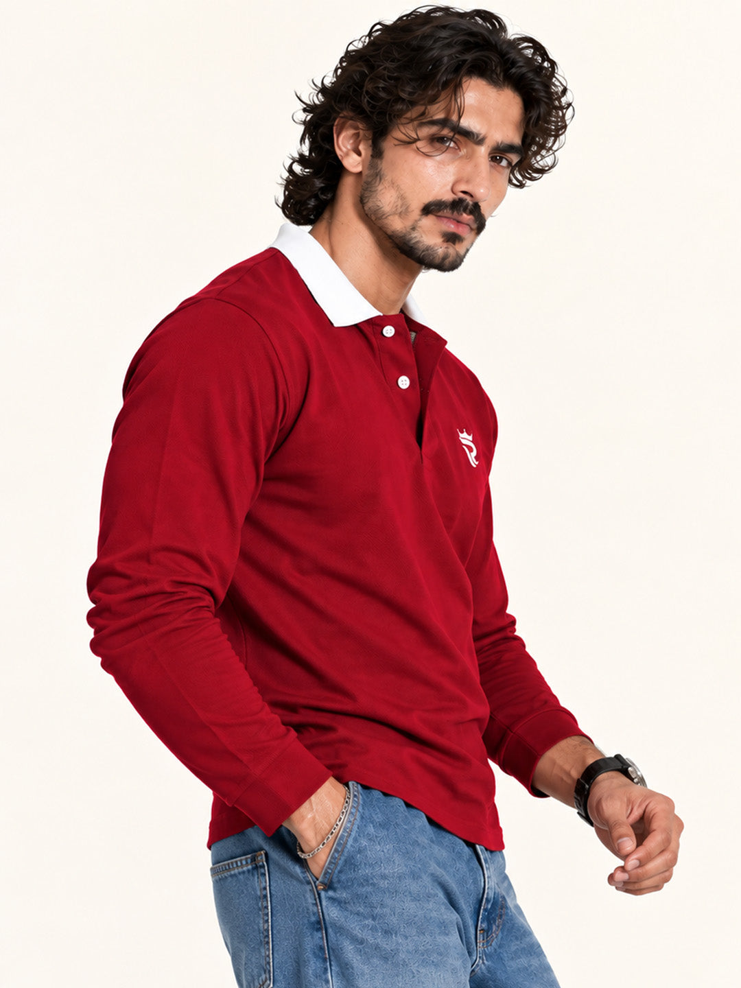 Royal Burgundy Contrast Collar Full Sleeve Polo T Shirt