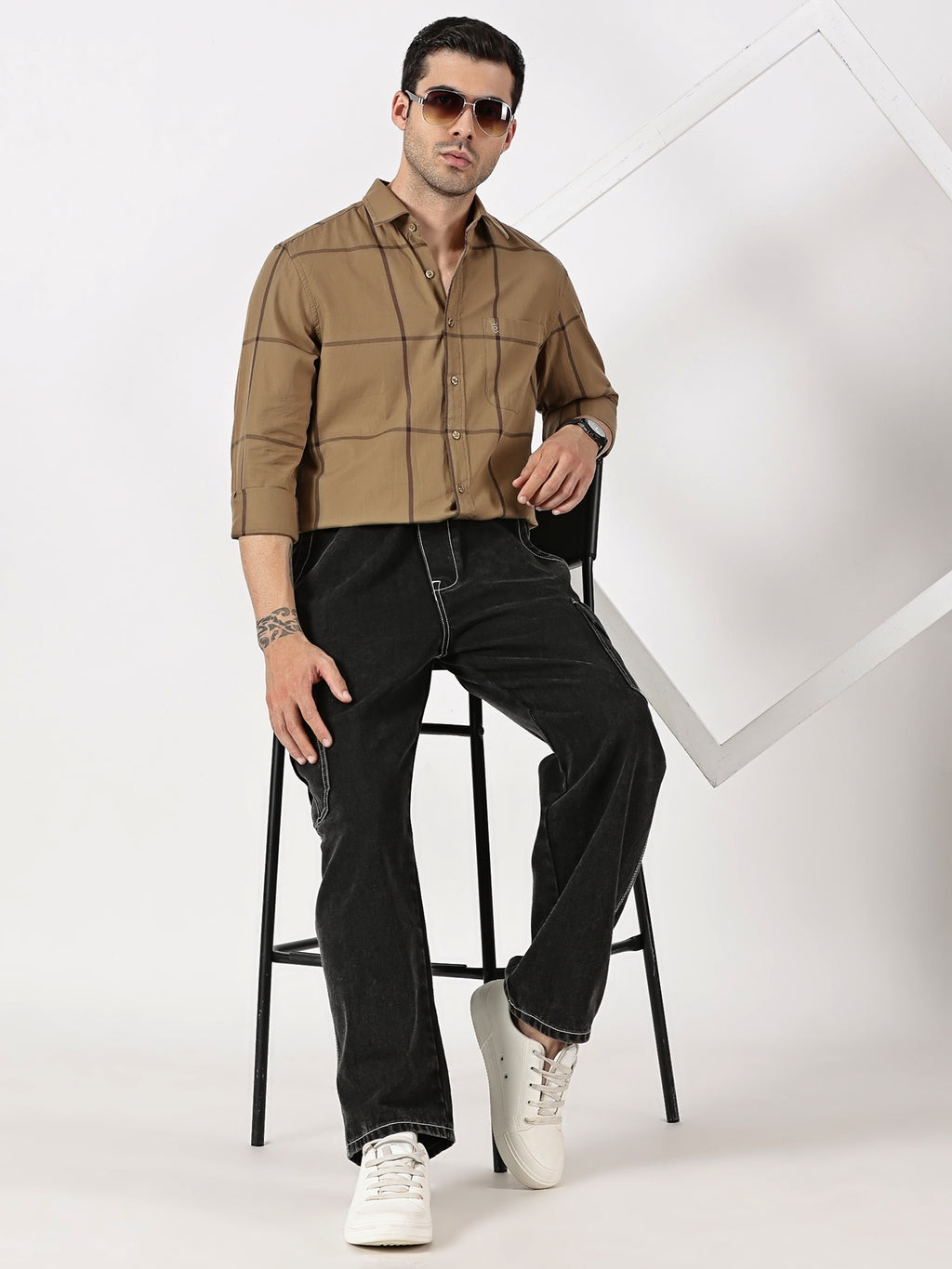 Olive Khaki & Dark Brown Twill Cotton Shirt