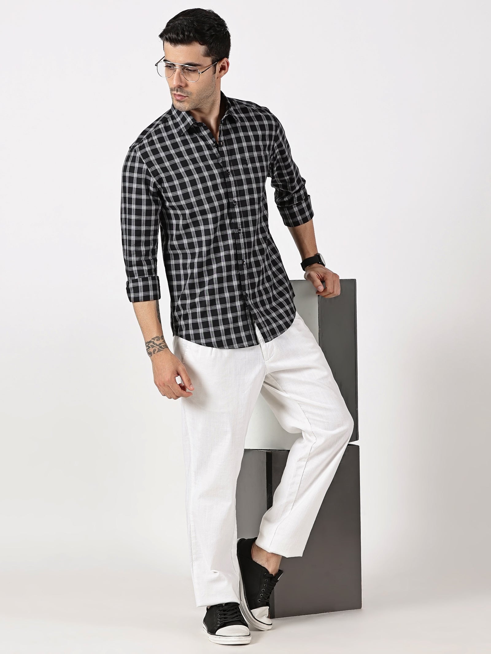 Extra Fine Black & White Check Giza Twill Cotton Shirt