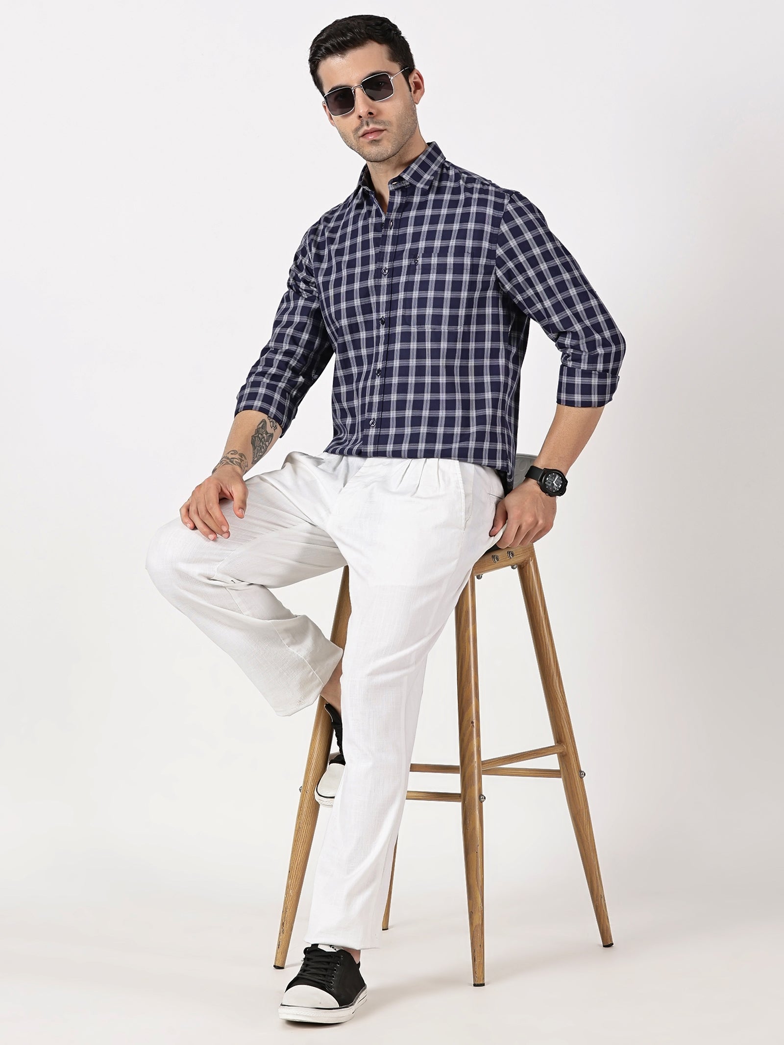 Extra Fine Navy & White Check Giza Twill Cotton Shirt