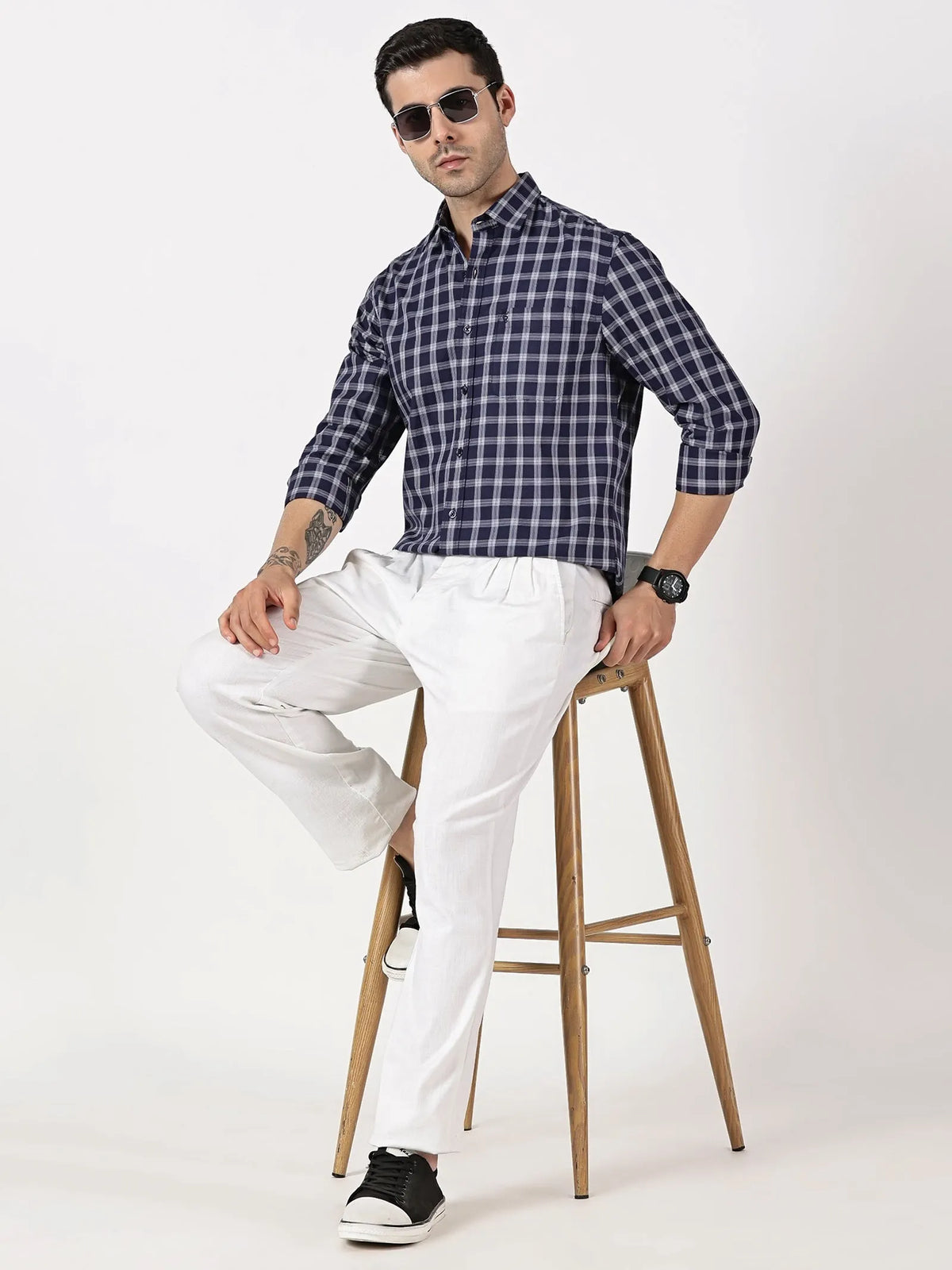 Extra Fine Navy & White Check Giza Twill Cotton Shirt